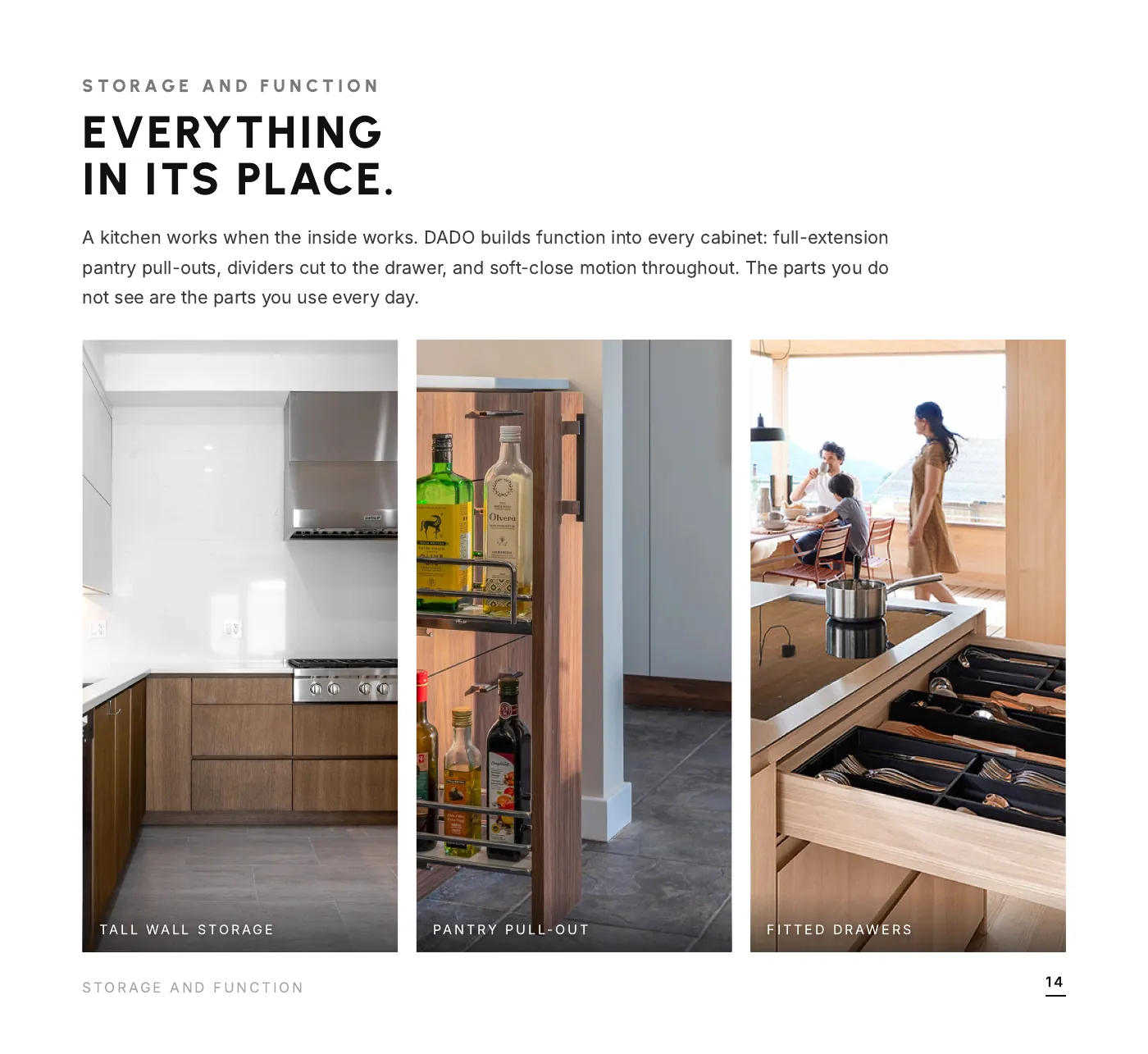 DADO Kitchens brochure 2026-2027, page 14 of 28: storage and function