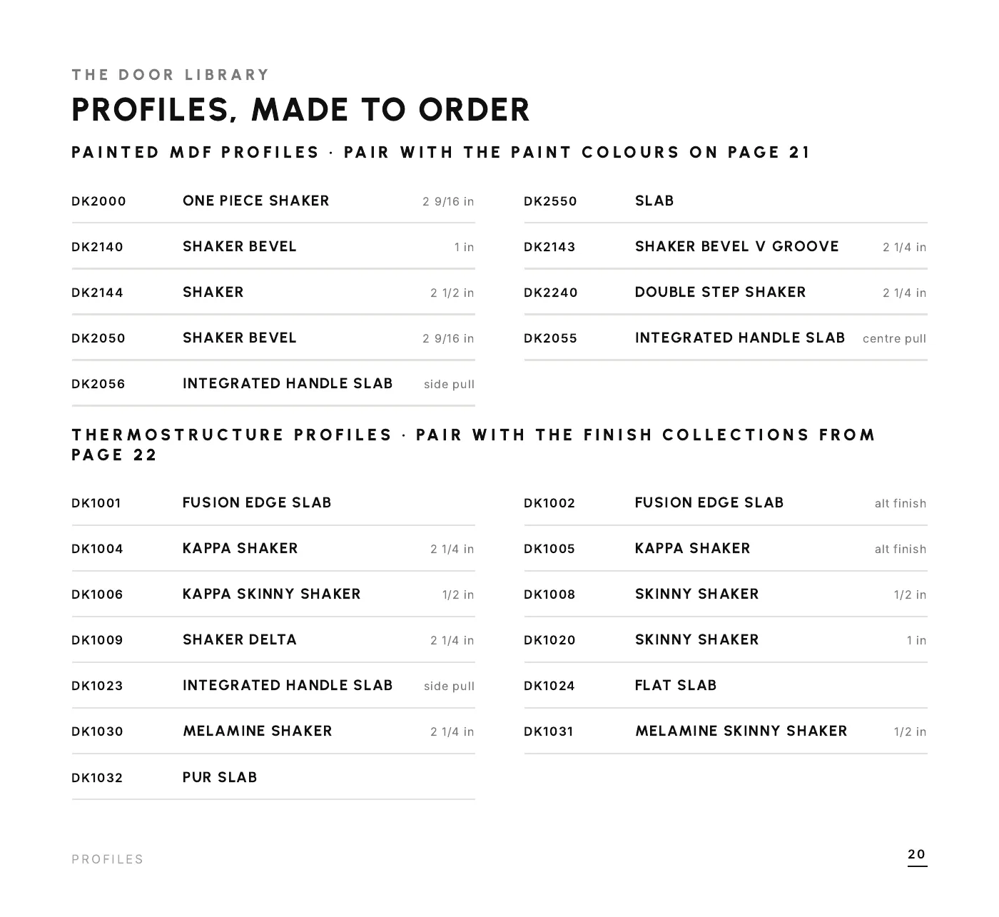 DADO Kitchens brochure 2026-2027, page 20 of 28: door profiles, made to order