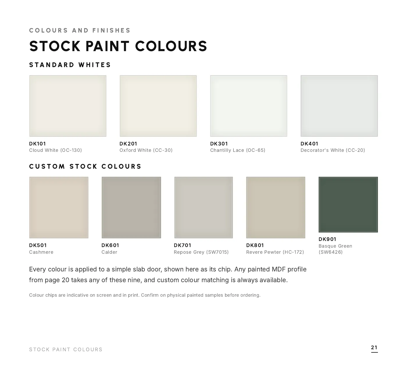 DADO Kitchens brochure 2026-2027, page 21 of 28: stock paint colours