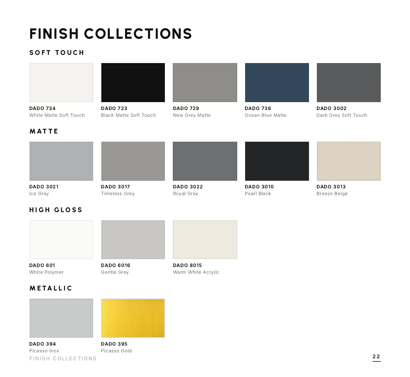 DADO Kitchens brochure 2026-2027, page 22 of 28: finish collections