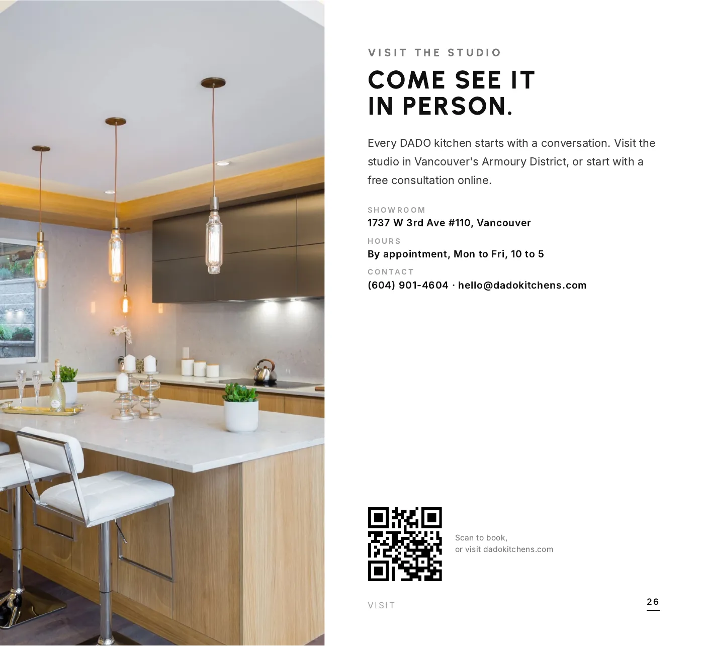DADO Kitchens brochure 2026-2027, page 26 of 28: visit the studio