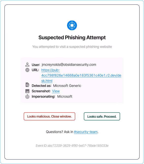 Screenshot of an alert indicating a suspected phishing attempt triggered by SaaS ITDR software from Obsidian