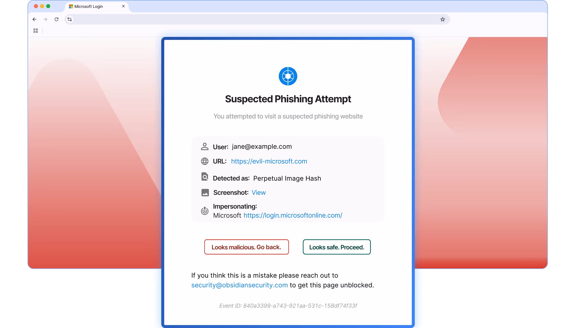 Software interface highlighting browser-level detection of fake login pages and prevention of credential phishing.