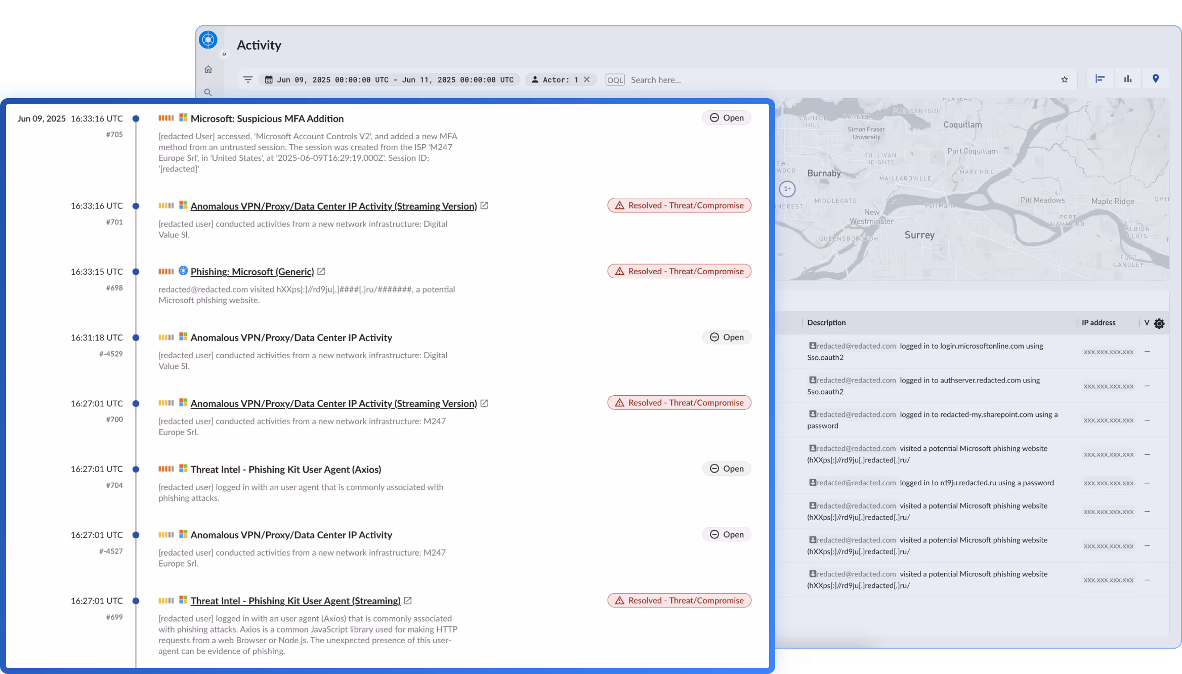 Screenshot of threat tracking interface showing browser-based identity risks across SaaS apps for rapid investigation and response.