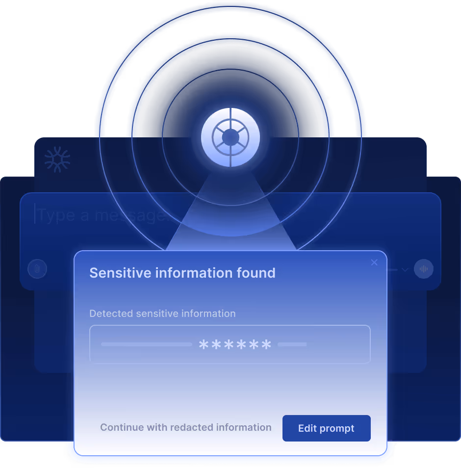 Graphic illustrating interception of sensitive data in GenAI prompts before they reach third-party AI tools.