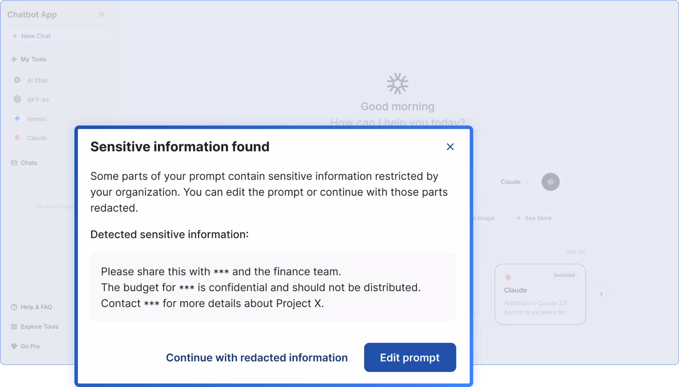 Software interface detecting and blocking sensitive data in GenAI prompts in real time using keyword and data type recognition.