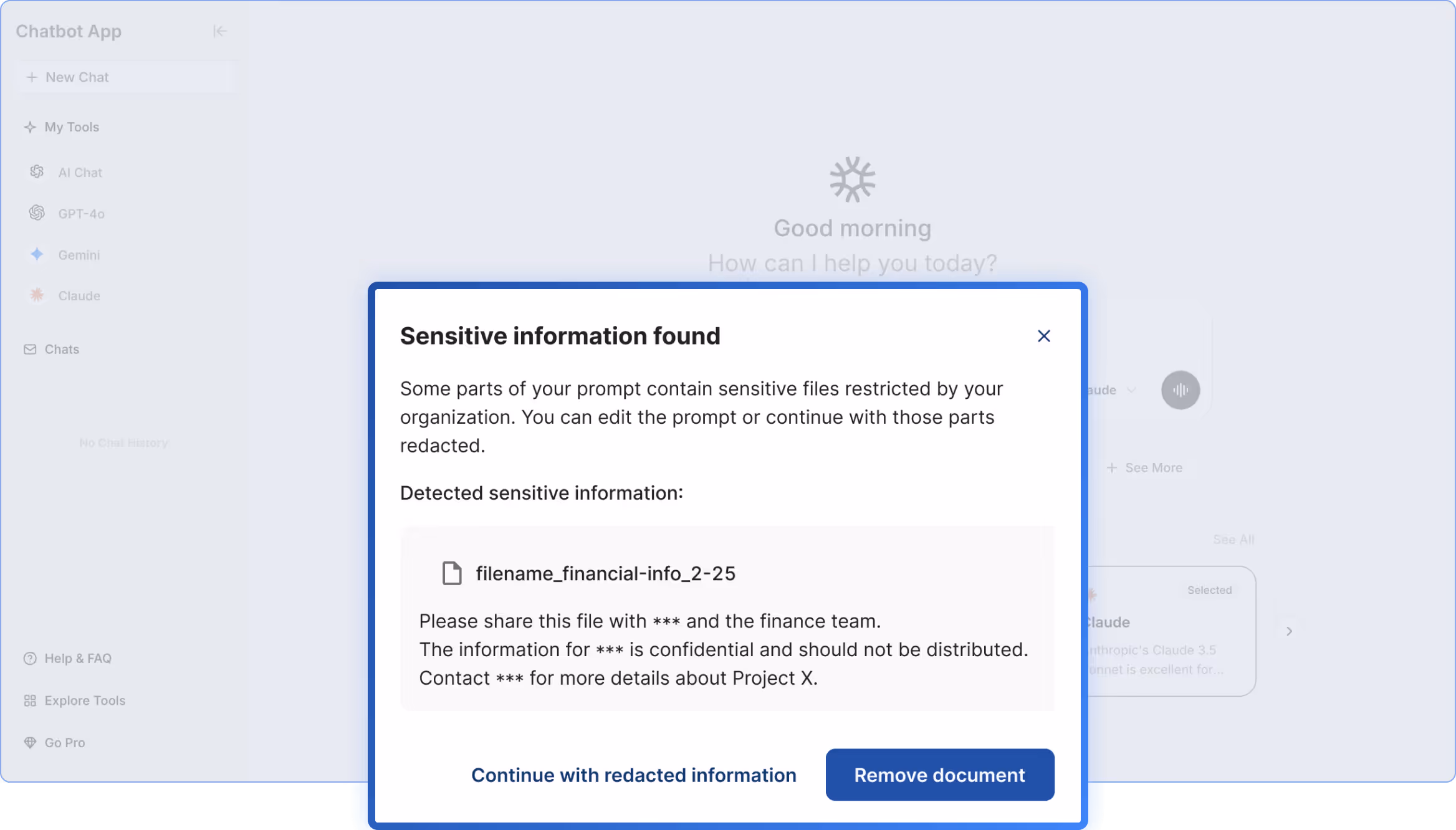 Software screenshot showing controls to block uploads of sensitive or classified documents in GenAI prompts for secure AI use.