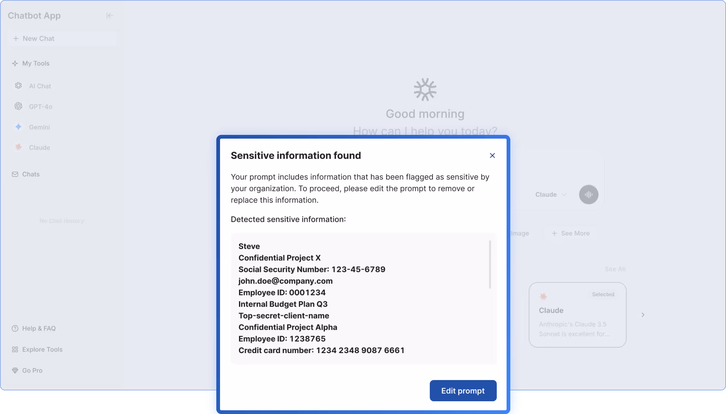 Software interface displaying in-browser alerts and restrictions to enforce AI data policies on personal accounts and GenAI usage.