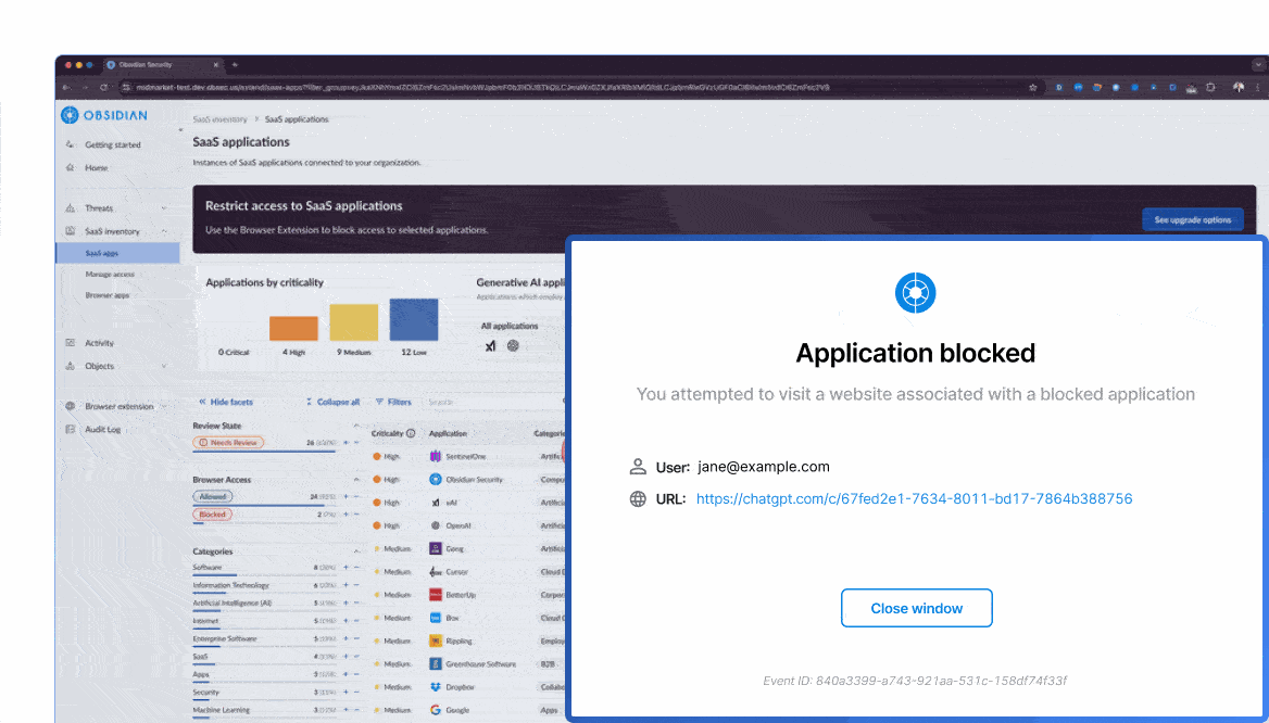 Software dashboard blocking unauthorized GenAI apps to prevent sensitive data exposure and enforce company AI policies.
