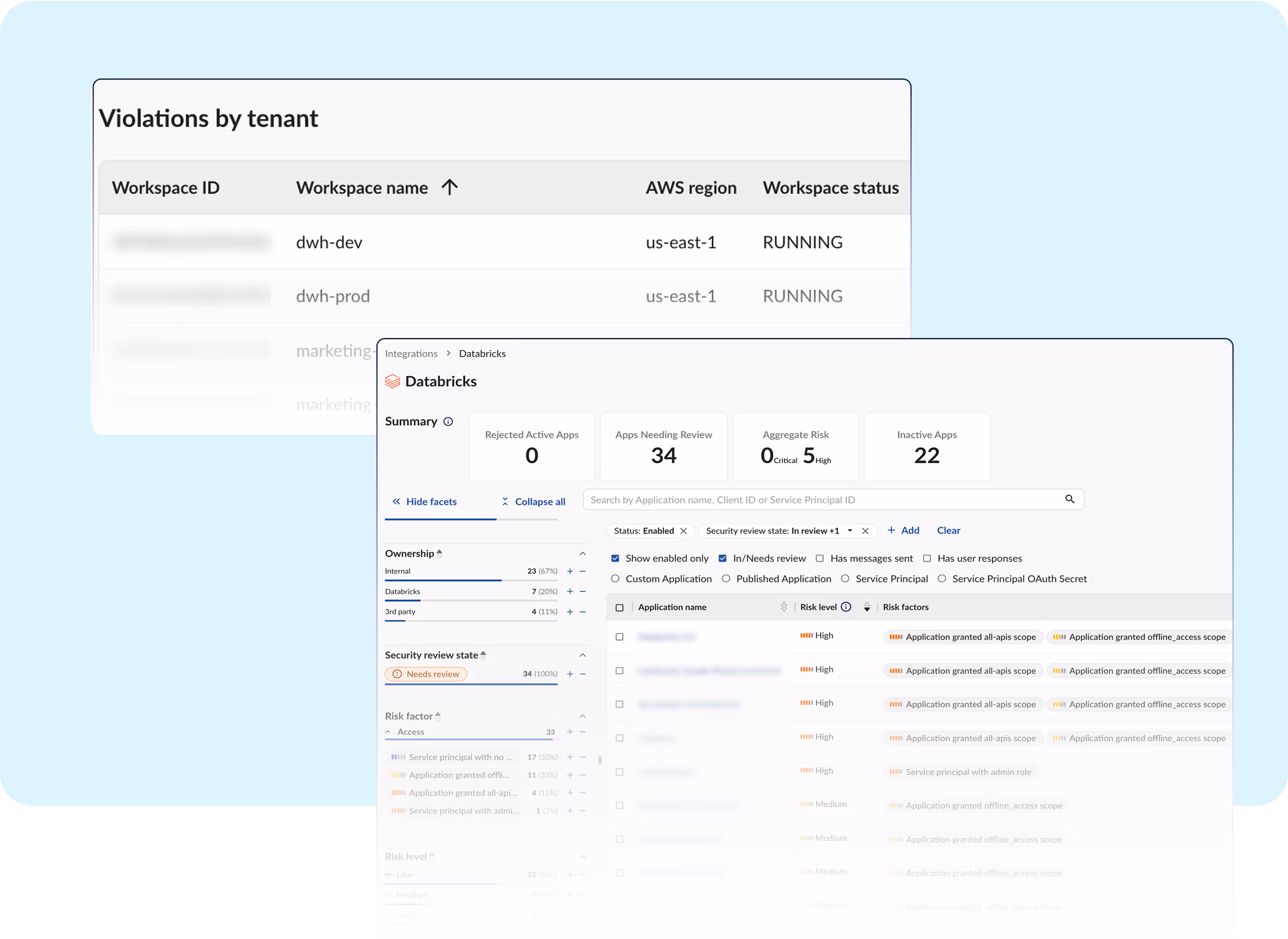 Obsidian UI displaying Databricks tenant violations by workspace and a summary of application integrations with risk factors, OAuth scopes, and approval status.