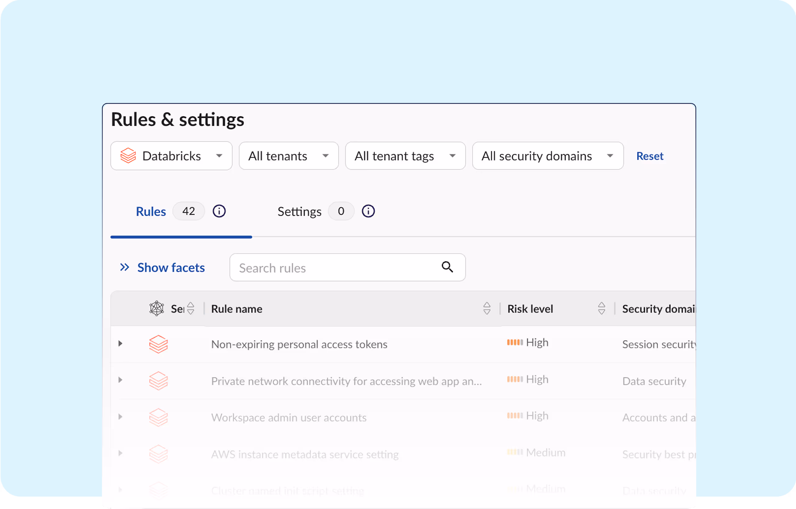 Obsidian dashboard showing Databricks-specific security rules, highlighting high-risk issues like non-expiring personal access tokens and workspace admin user accounts.