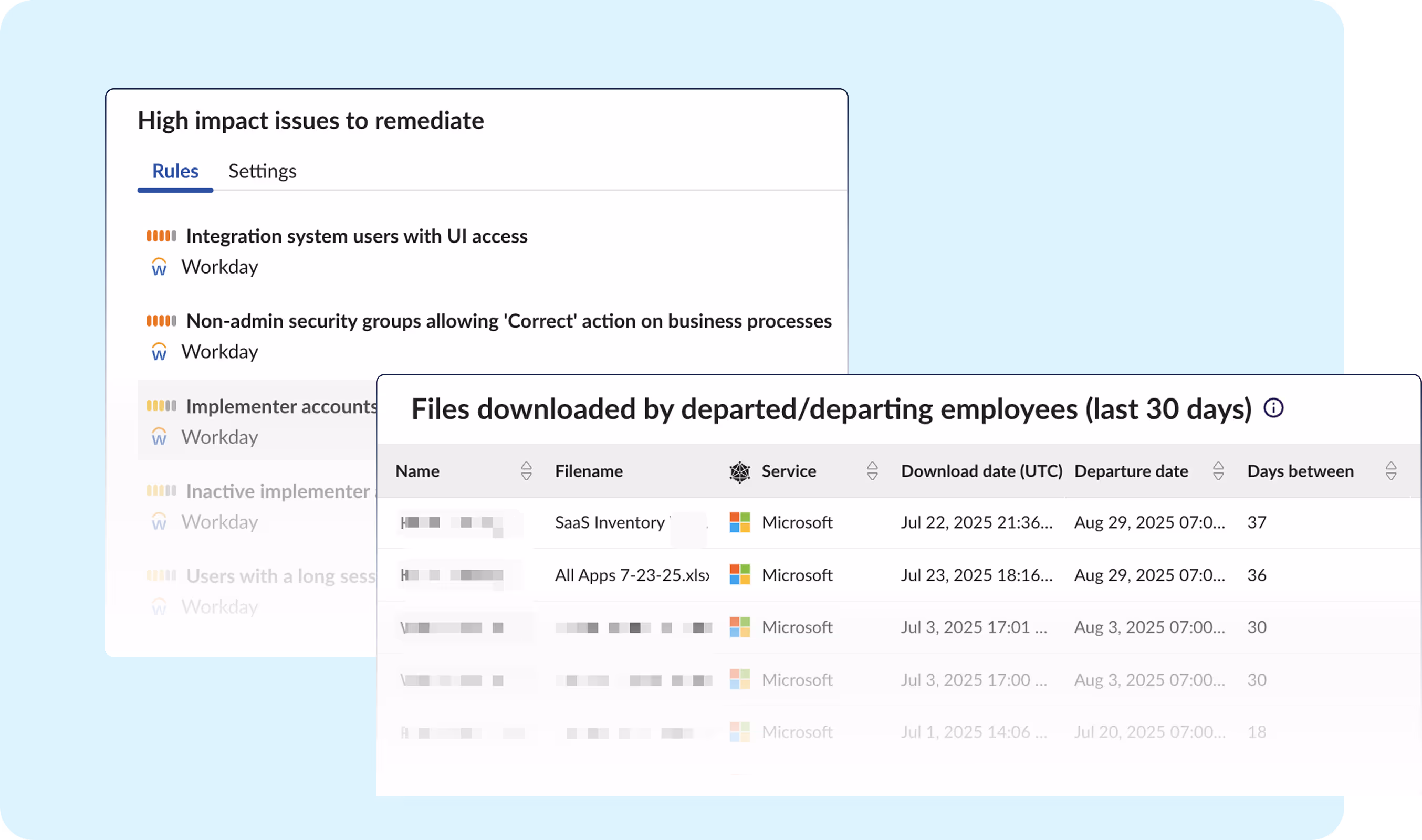 Obsidian SaaS Security interface listing Workday specific permission security rules, including critical risks from terminated users and misconfigured access groups.