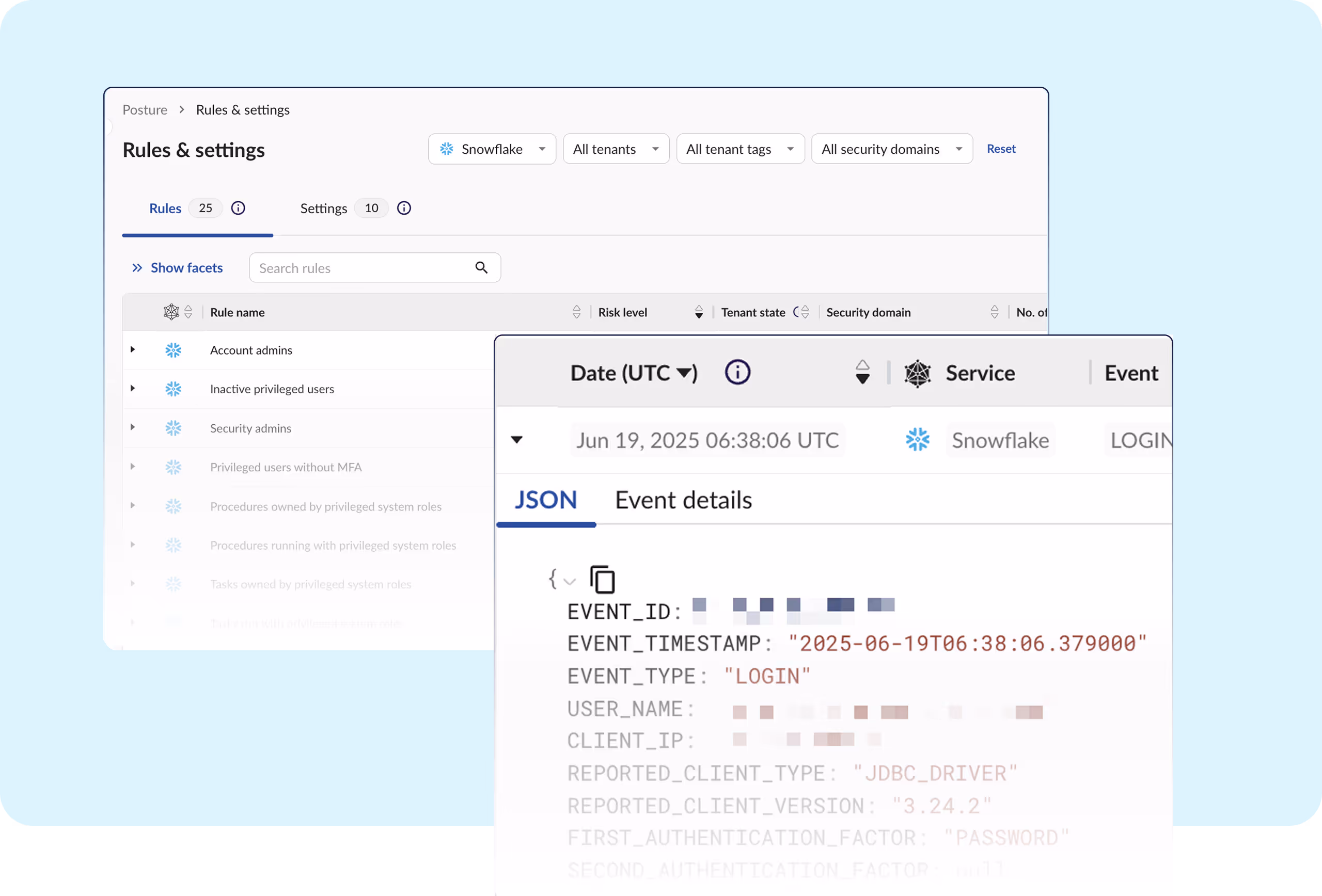 Obsidian interface displaying Snowflake login audit logs with detailed JSON event data, identifying password-based access and JDBC client usage.