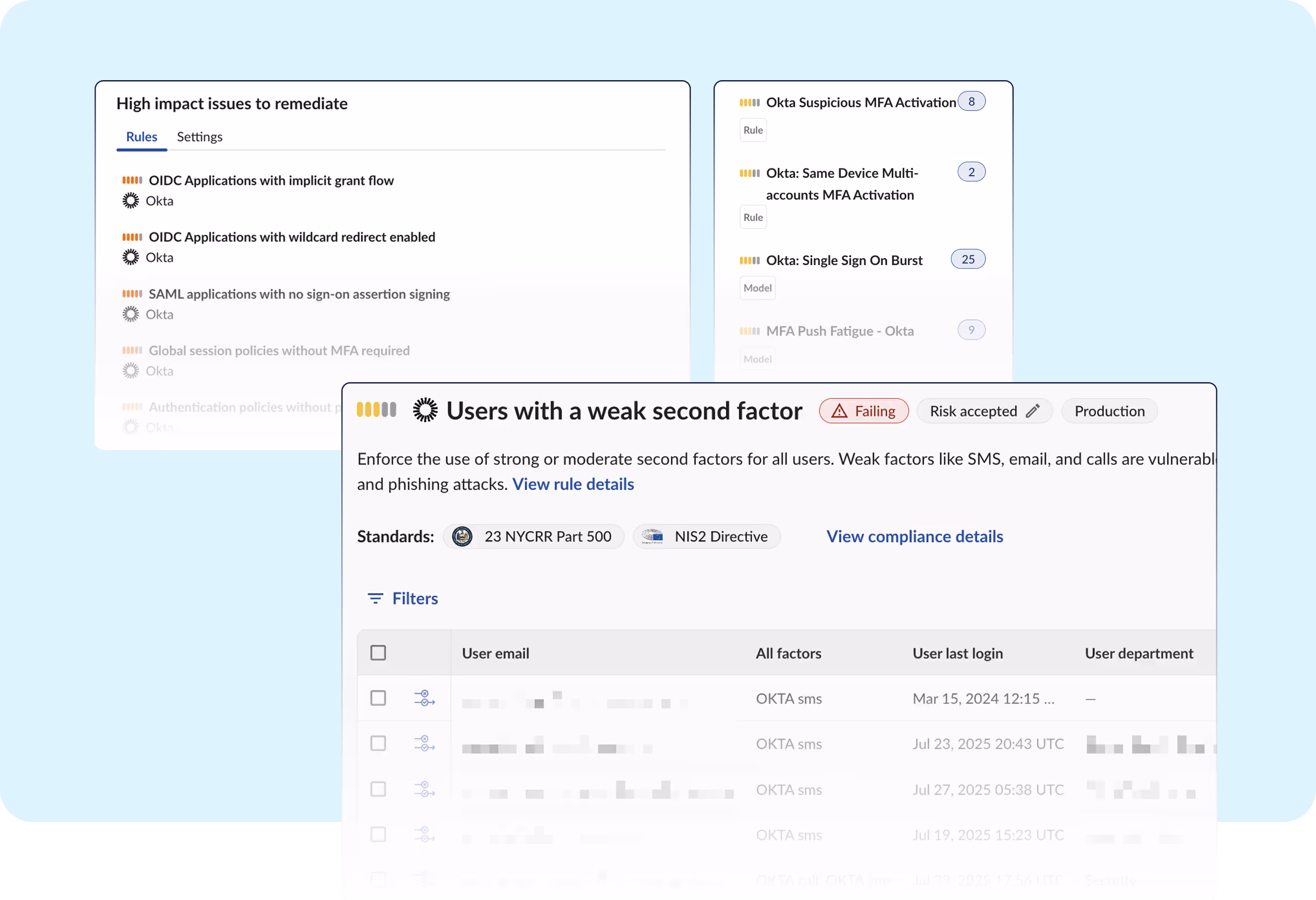 Obsidian Security dashboard showing Okta-specific threat detection catalog and high-risk rules including weak password policies and users with shared factors.