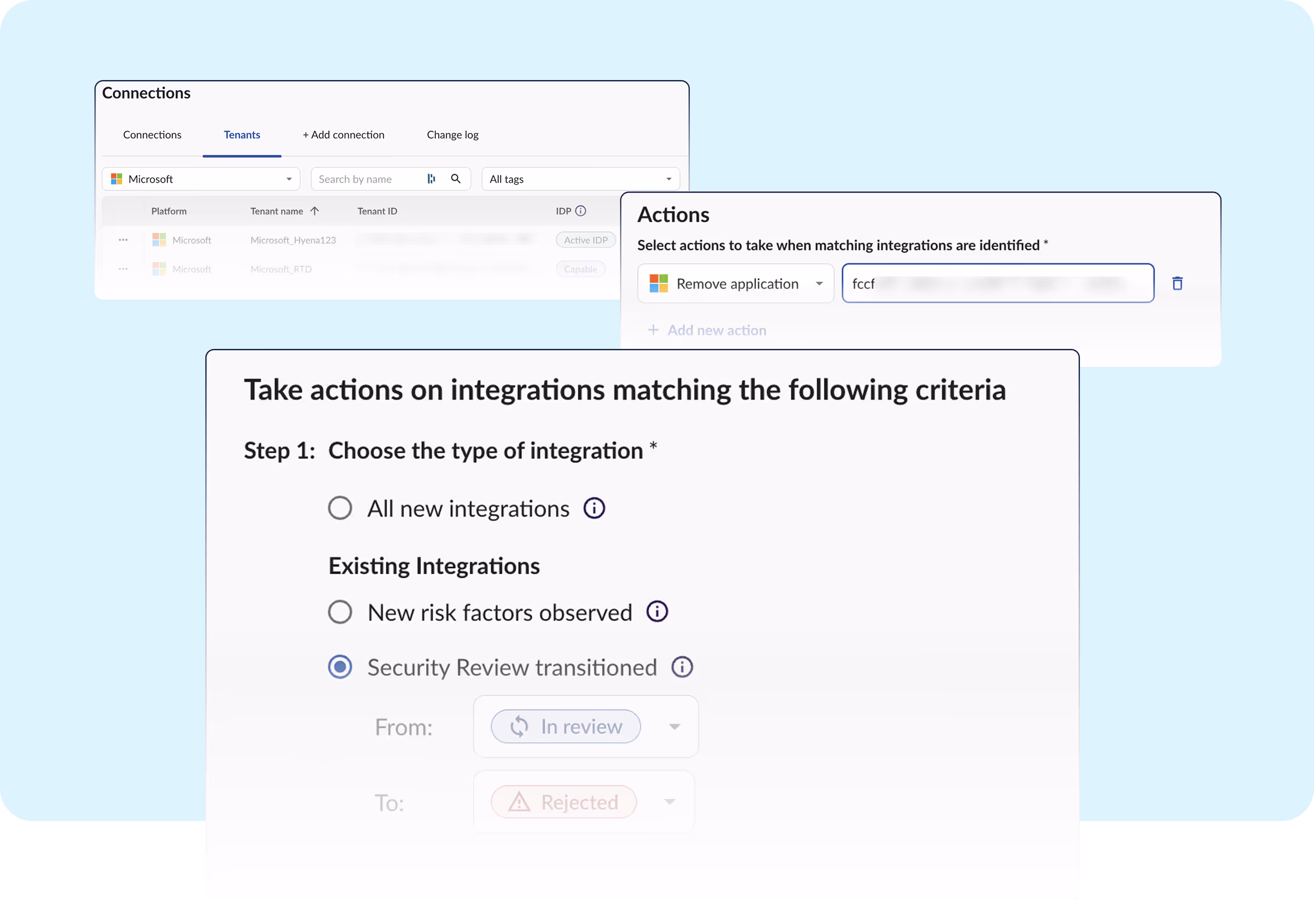 Obsidian UI automating actions for risky Microsoft 365 integrations based on new risk signals or security review transitions