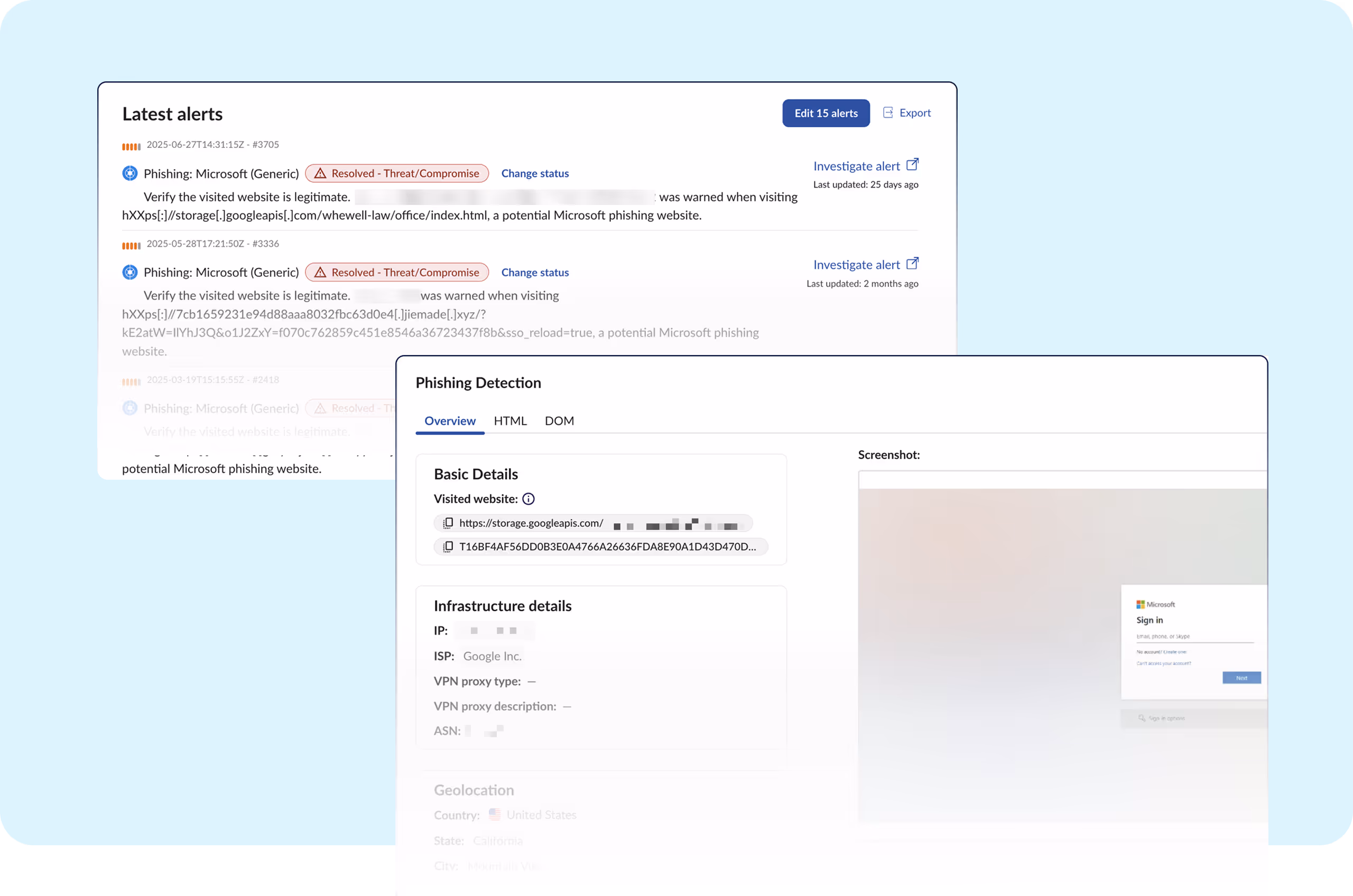Obsidian platform highlighting risky Microsoft 365 rules and phishing detections including weak password policies and Okta phishing attempts