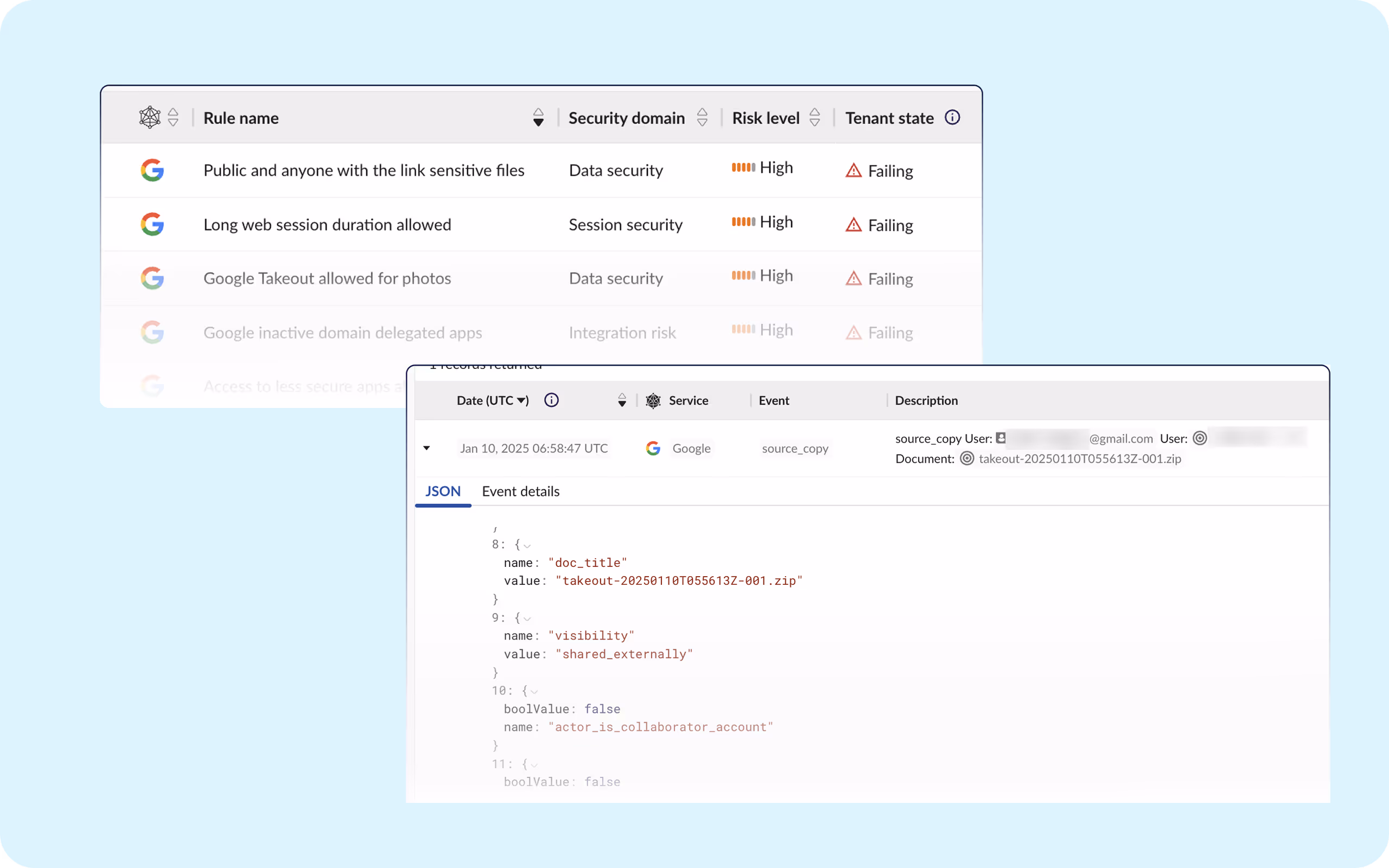 Obsidian interface highlighting high-risk Google Workspace rules like public file sharing and Google Takeout, alongside JSON event logs tracking external file visibility.