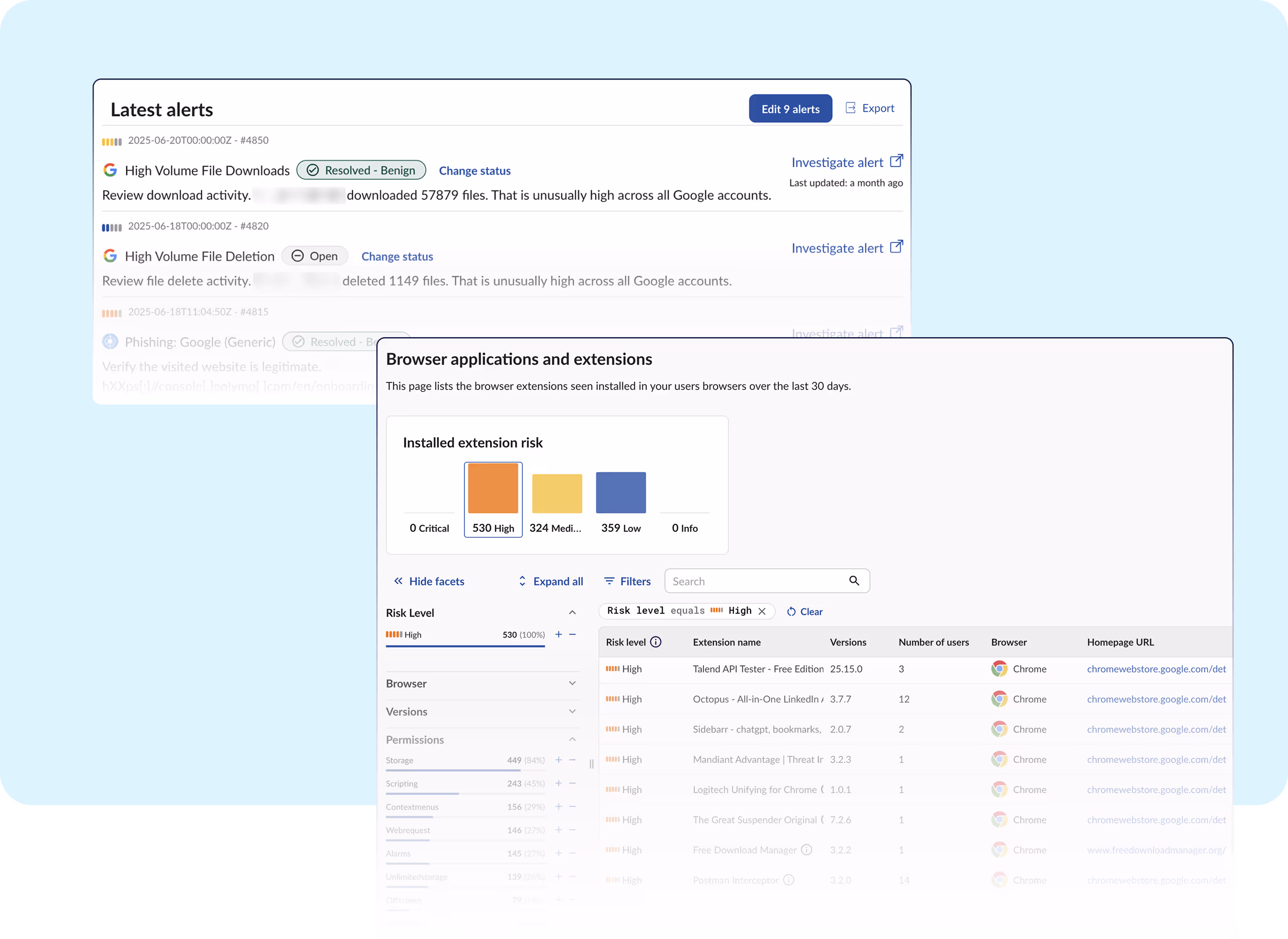 Obsidian UI showing high-volume file download alerts and risk scores for browser extensions installed in Chrome, enabling fast investigation of potential data exfiltration.