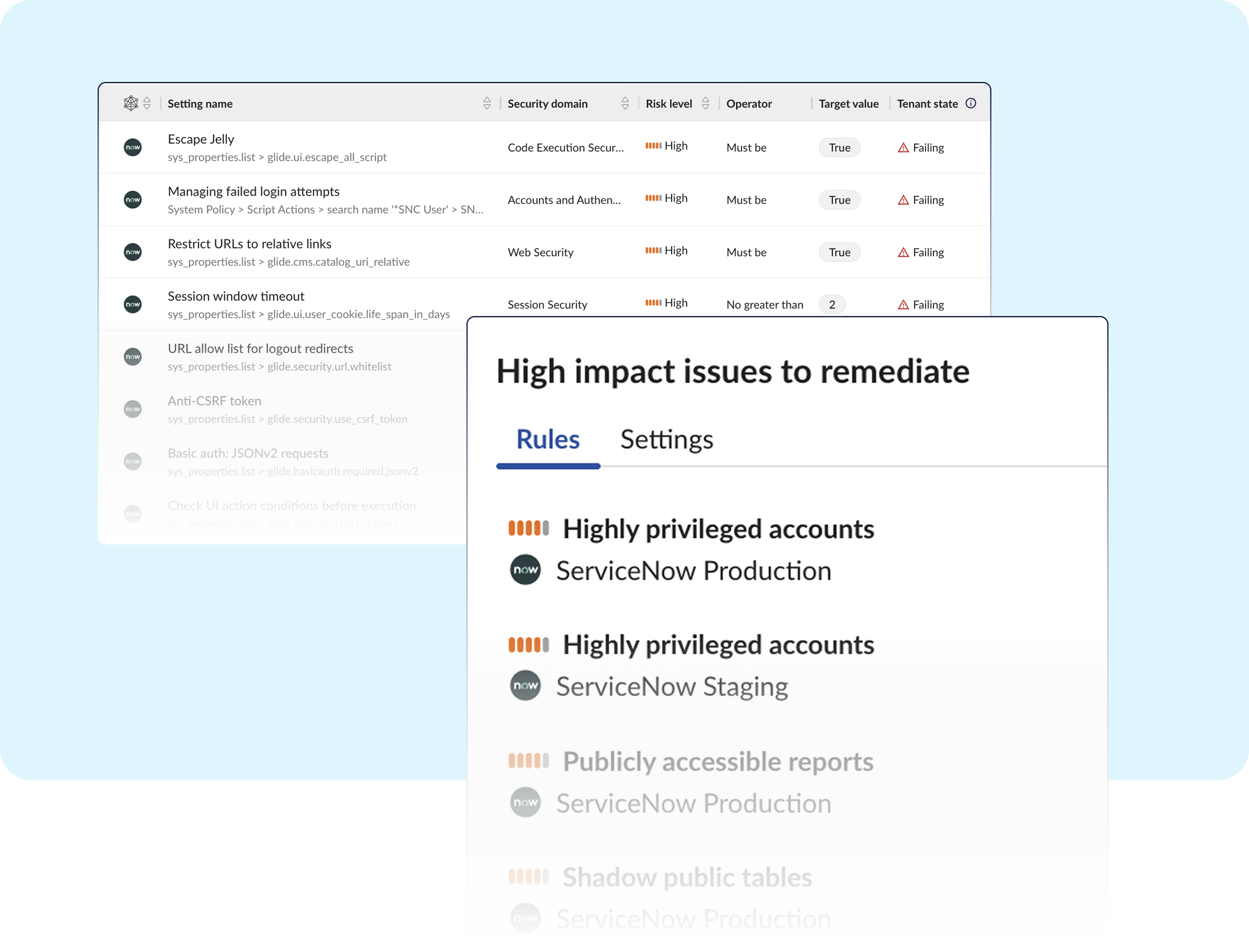 Obsidian UI highlighting high-impact ServiceNow security issues such as highly privileged accounts and publicly accessible reports across staging and production.