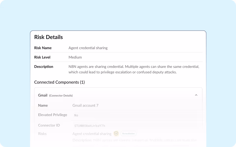 Detailed risk report for agent credential sharing, including risk name, severity, description, connected Gmail account, and associated connector ID.