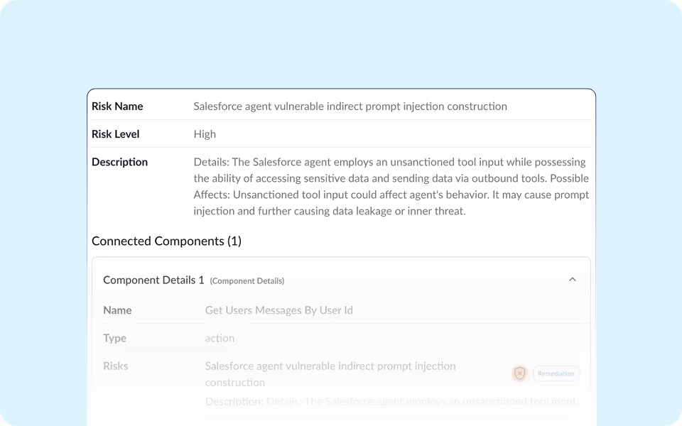 Risk details panel highlighting Salesforce Agentforce activity logs and data exposure risks.