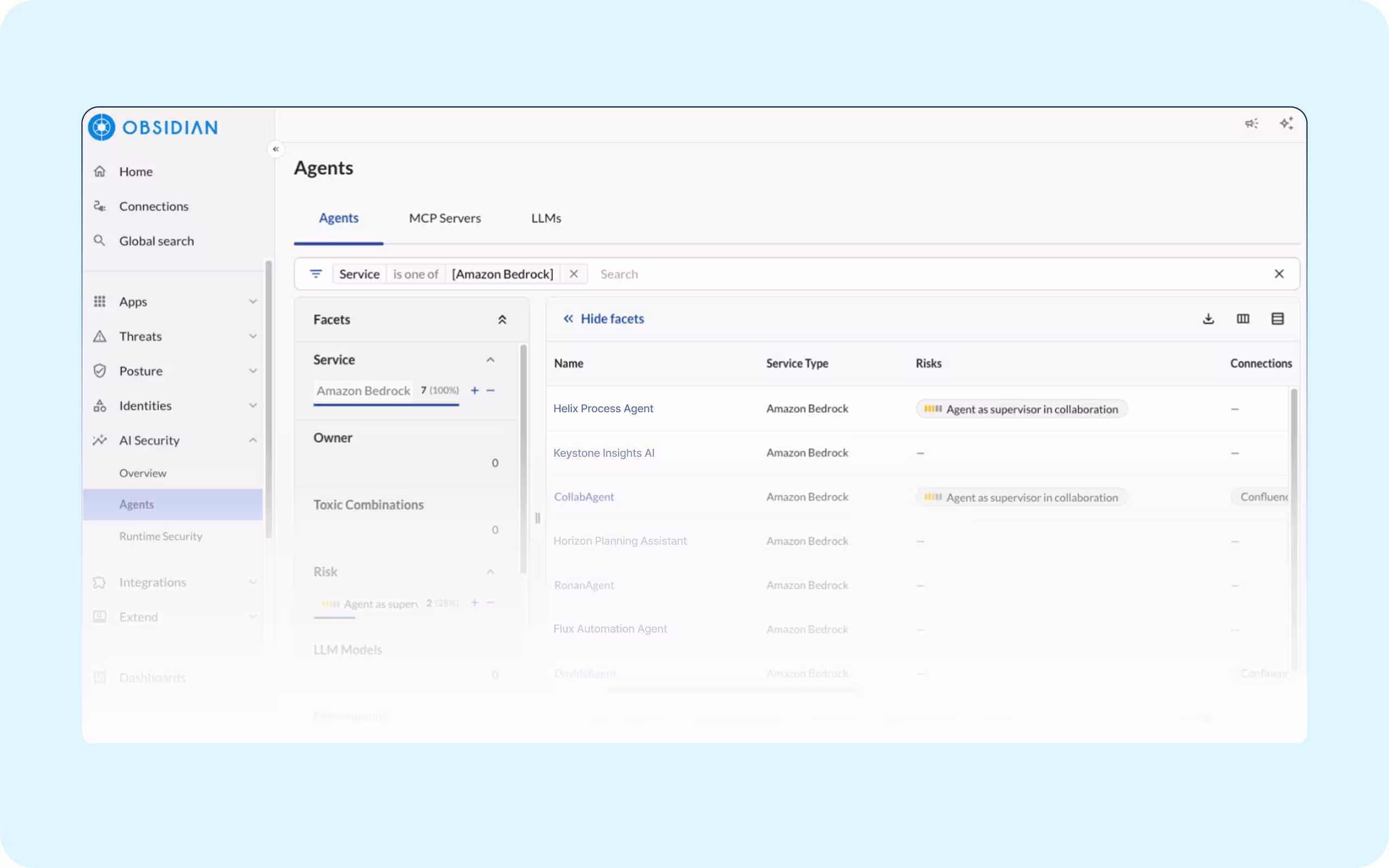 Dashboard view showing a list of SaaS agents, their connections, associated risks, and owners, alongside a visual network map of connected applications.