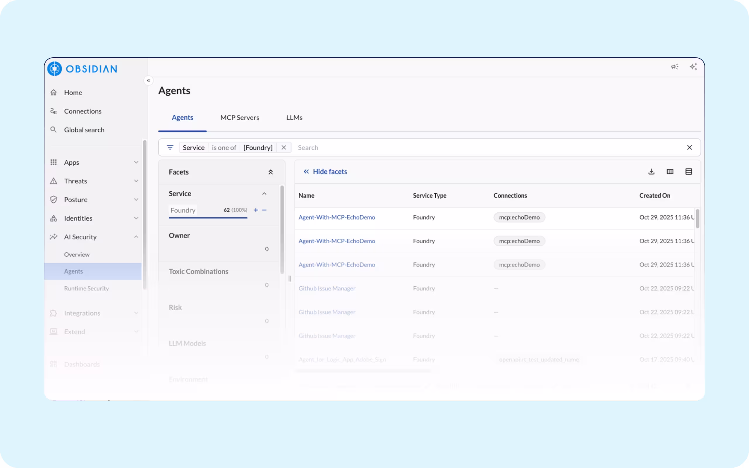 Dashboard view showing a list of SaaS agents, their connections, associated risks, and owners, alongside a visual network map of connected applications.