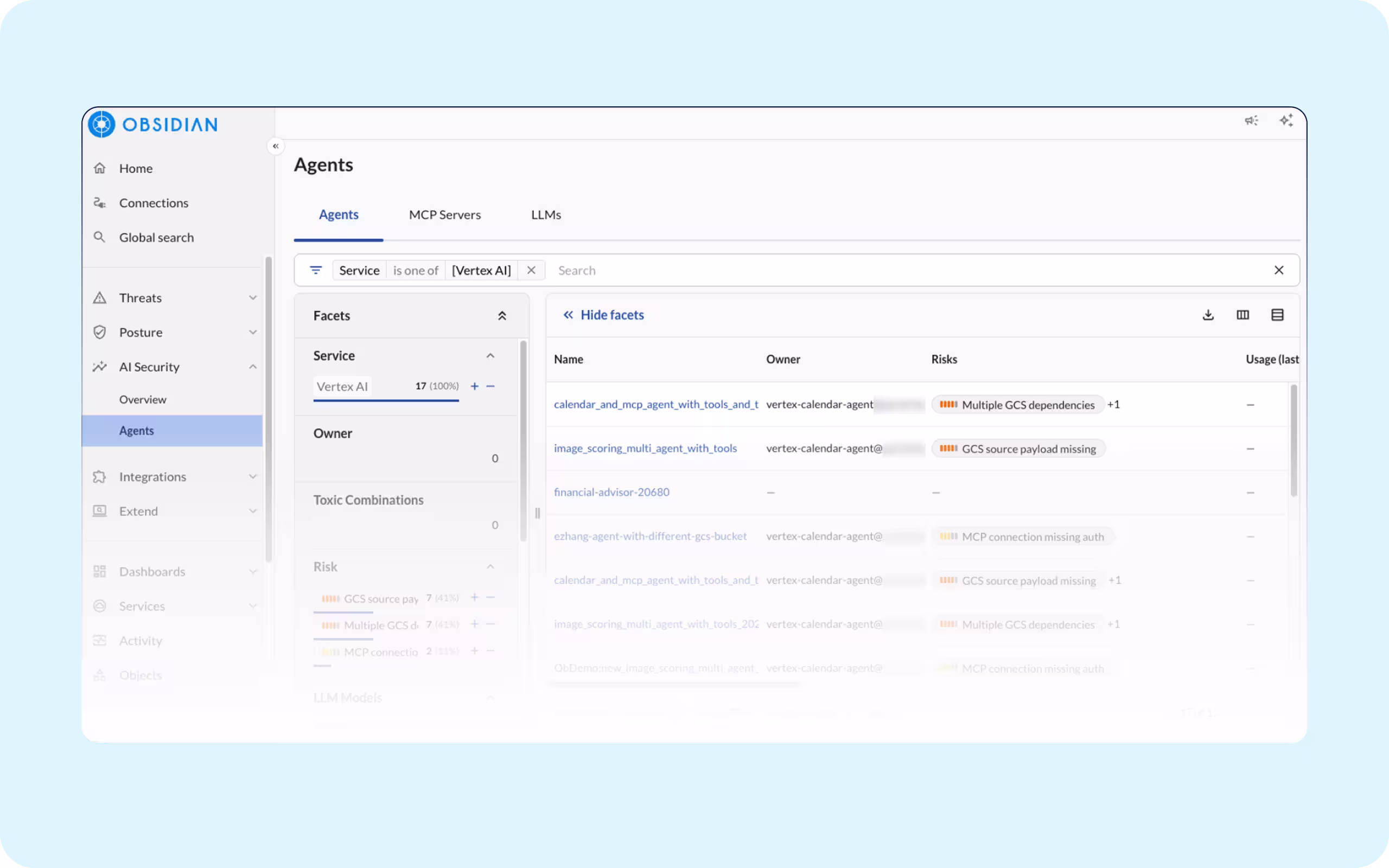 Dashboard view showing a list of SaaS agents, their connections, associated risks, and owners, alongside a visual network map of connected applications.