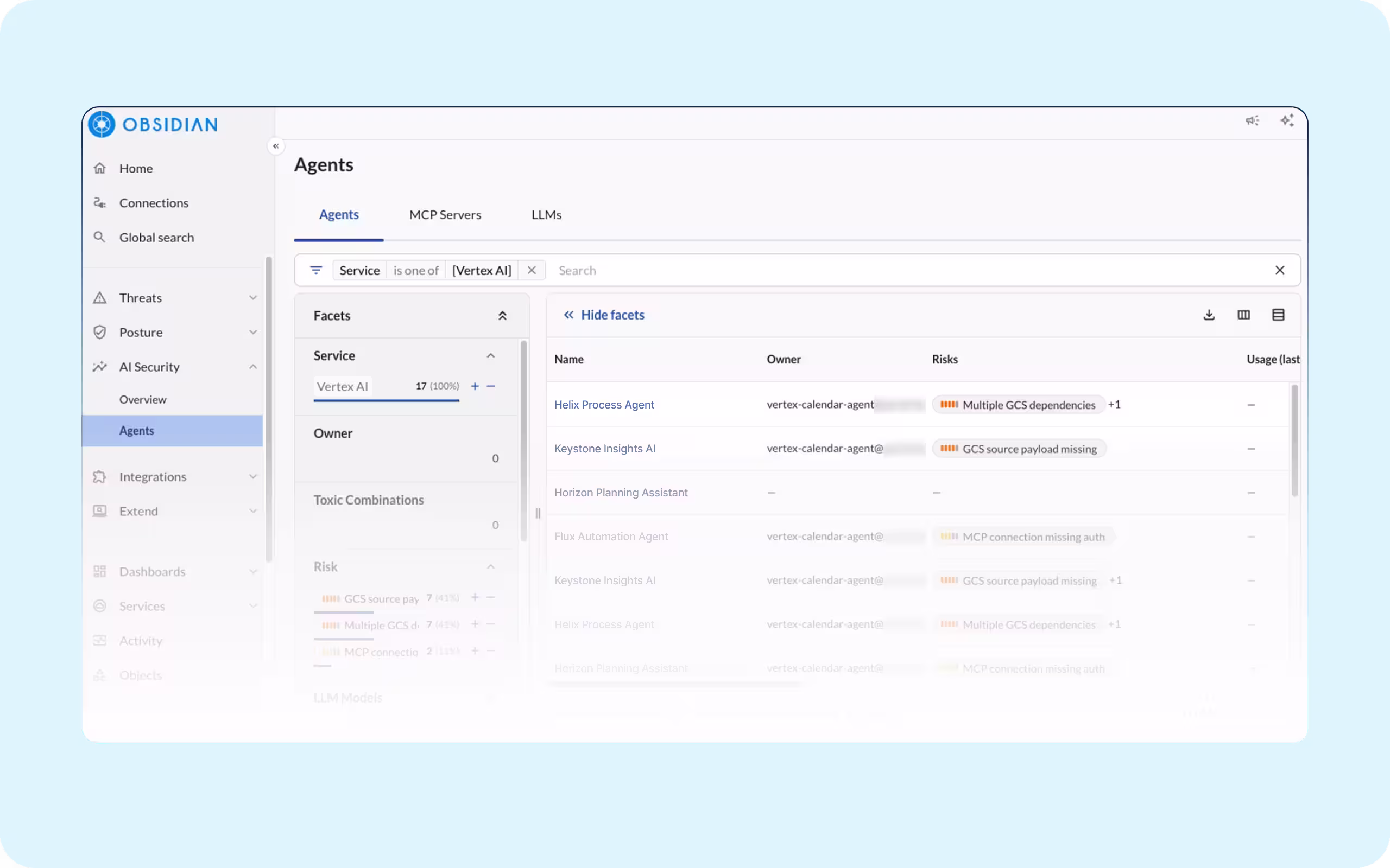 Dashboard view showing a list of SaaS agents, their connections, associated risks, and owners, alongside a visual network map of connected applications.