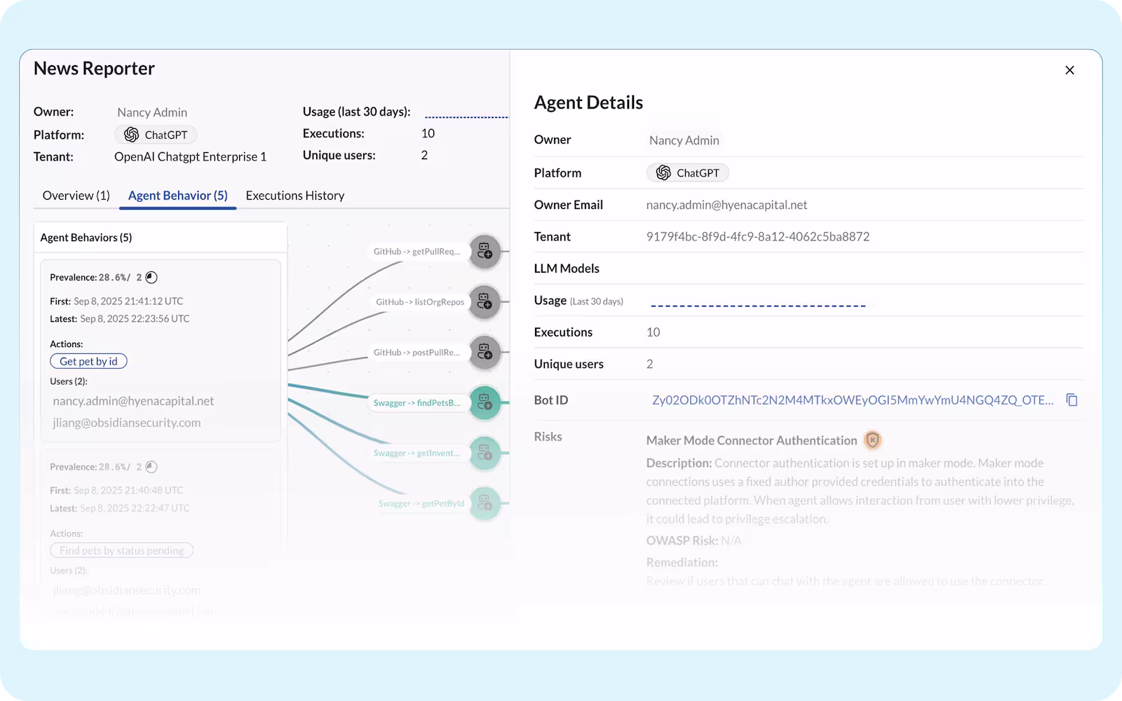 Risk details panel highlighting Salesforce Agentforce activity logs and data exposure risks.