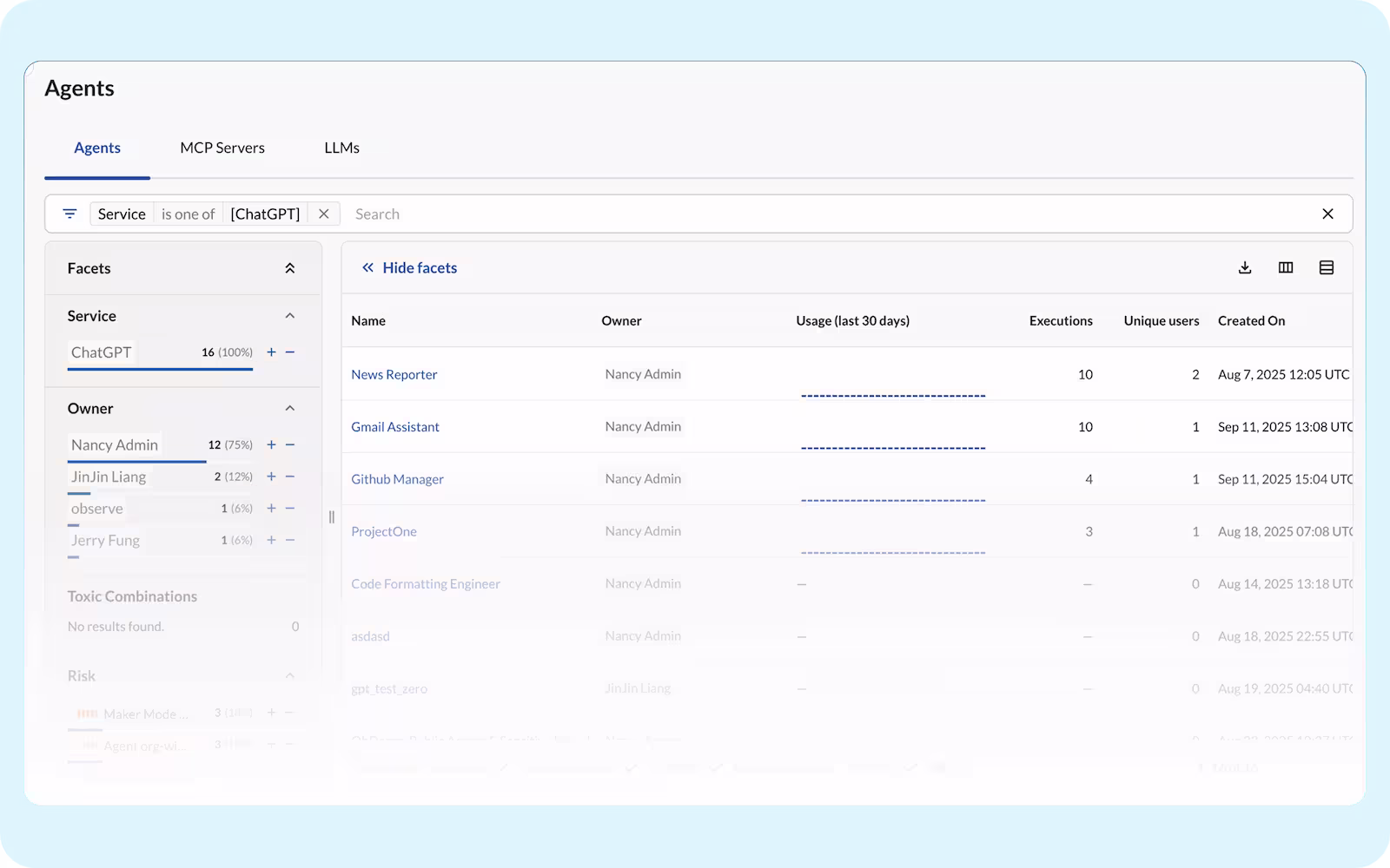 Dashboard showing Salesforce Agentforce agents, their SaaS connections, risks, and owners.
