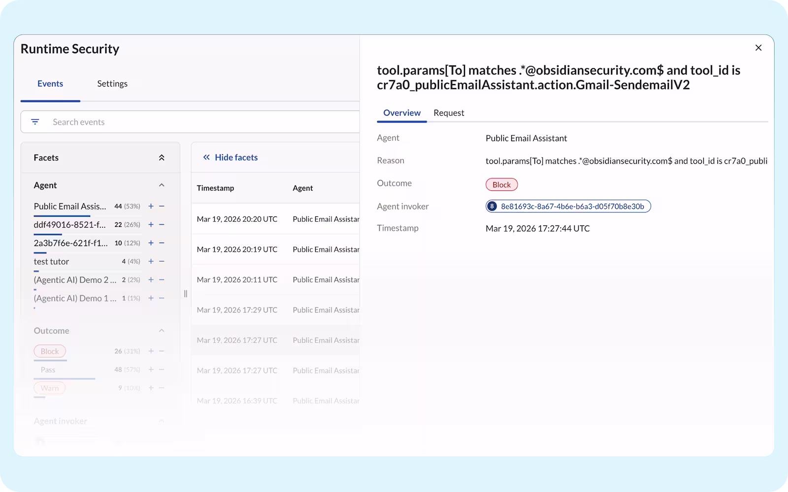 Dashboard showing Salesforce Agentforce agents, their SaaS connections, risks, and owners.
