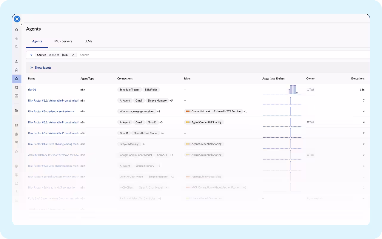 Dashboard view showing a list of SaaS agents, their connections, associated risks, and owners, alongside a visual network map of connected applications.
