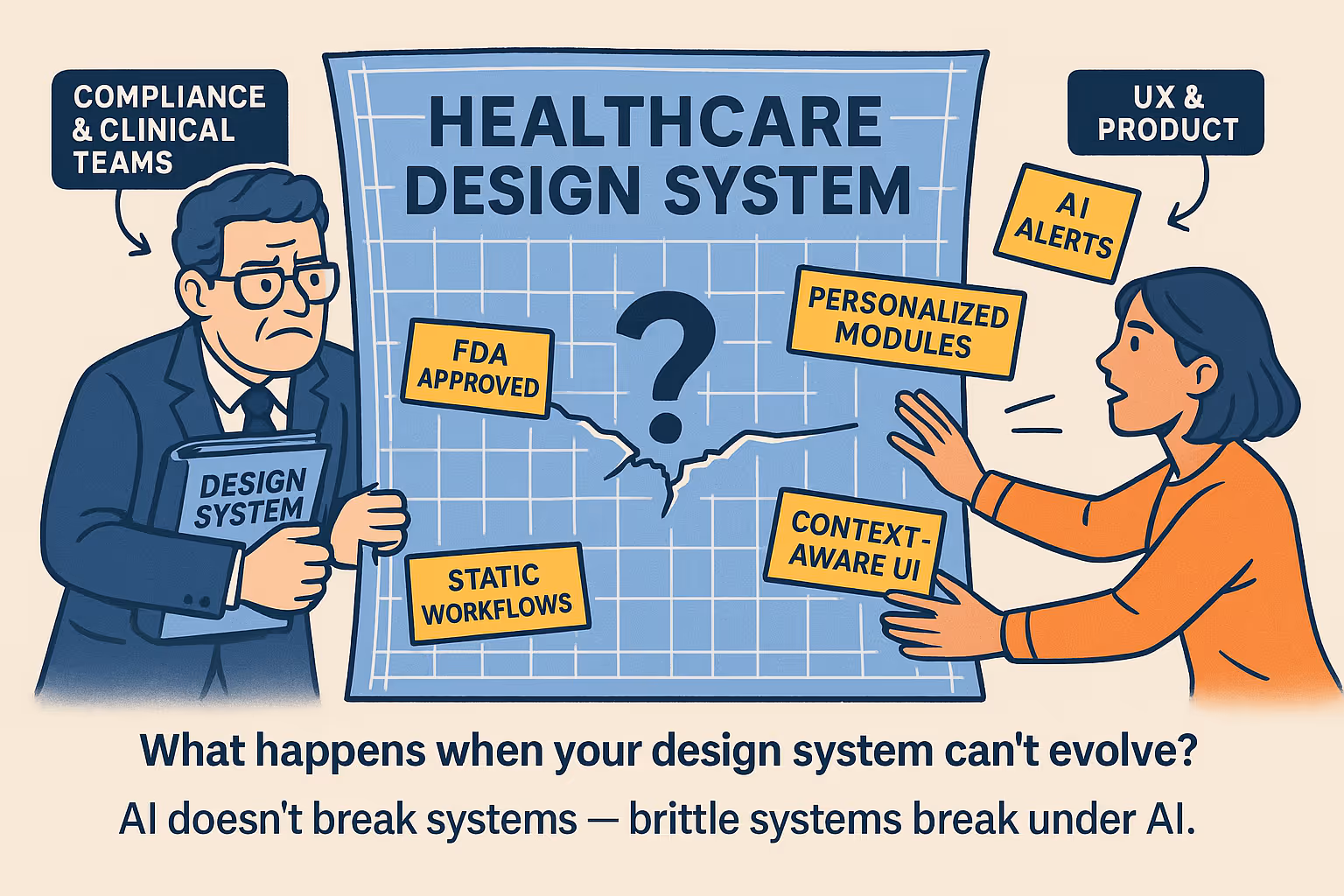 a men and a woman depicting an image of a comparison between compliance teams and ux teams. A visual representation of why AI doesn't break systems, but brittle systems break under AI