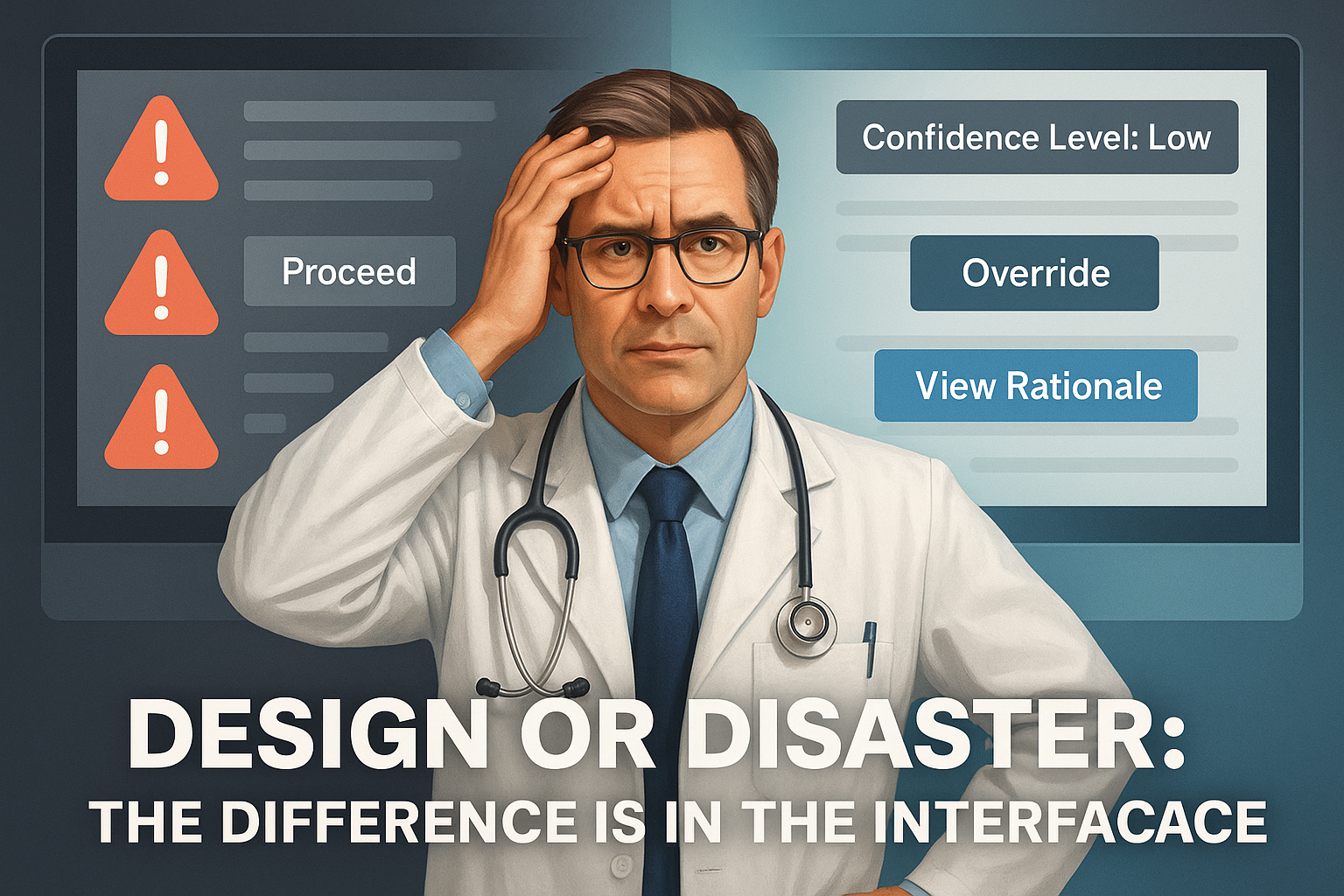 Comparsion of an interface with alert signs and an ideal interface. A doctor is standing in front of the two interfaces, but his facials expressions change in front of each interace.