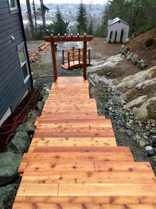 modern wooden steps with mountain view