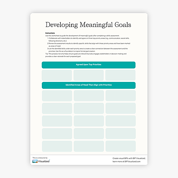 Developing Meaningful Goals Worksheet behavior support resource