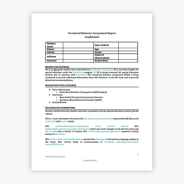FBA Report Template Overview behavior support resource