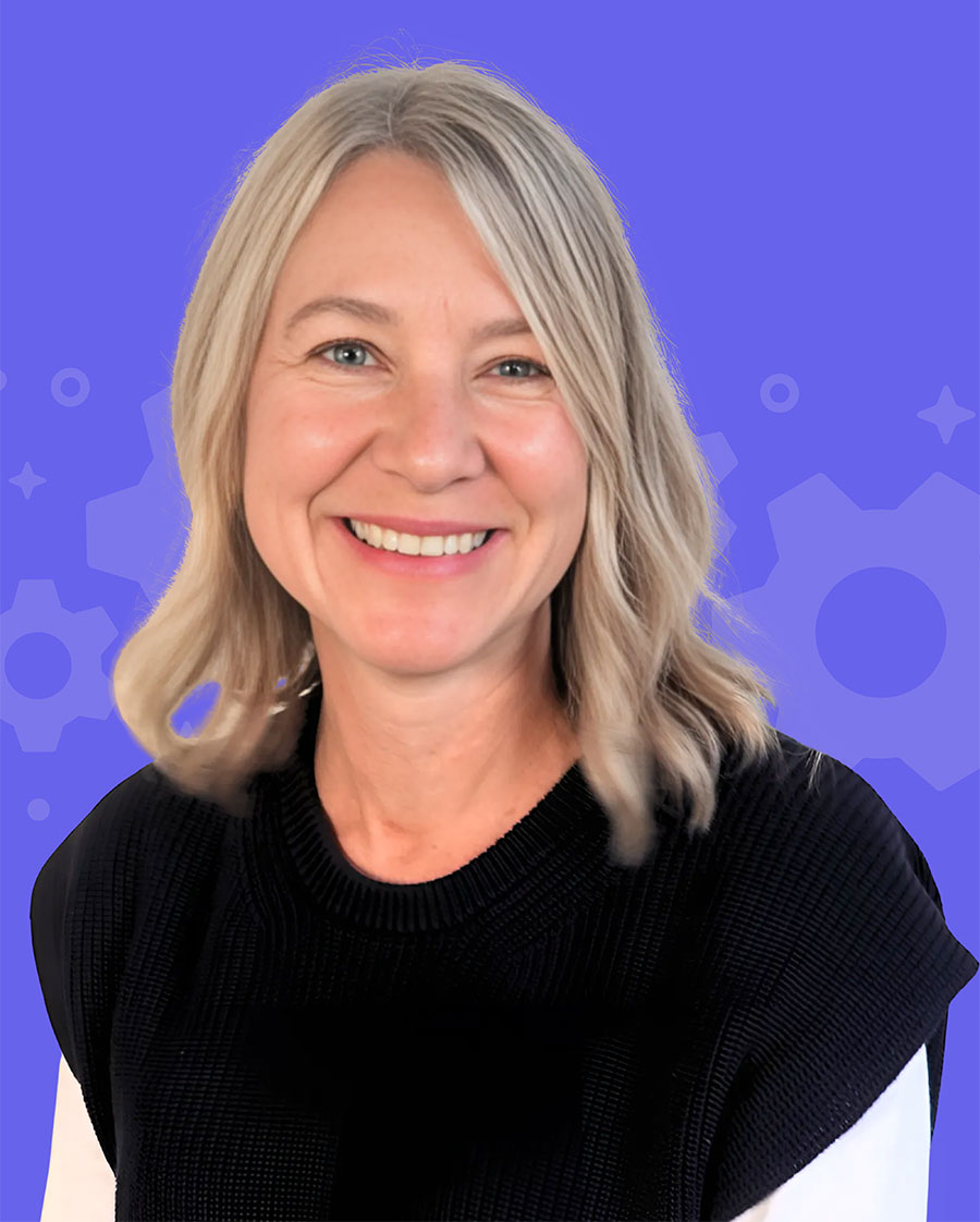 Headshot of team member on colorful background.