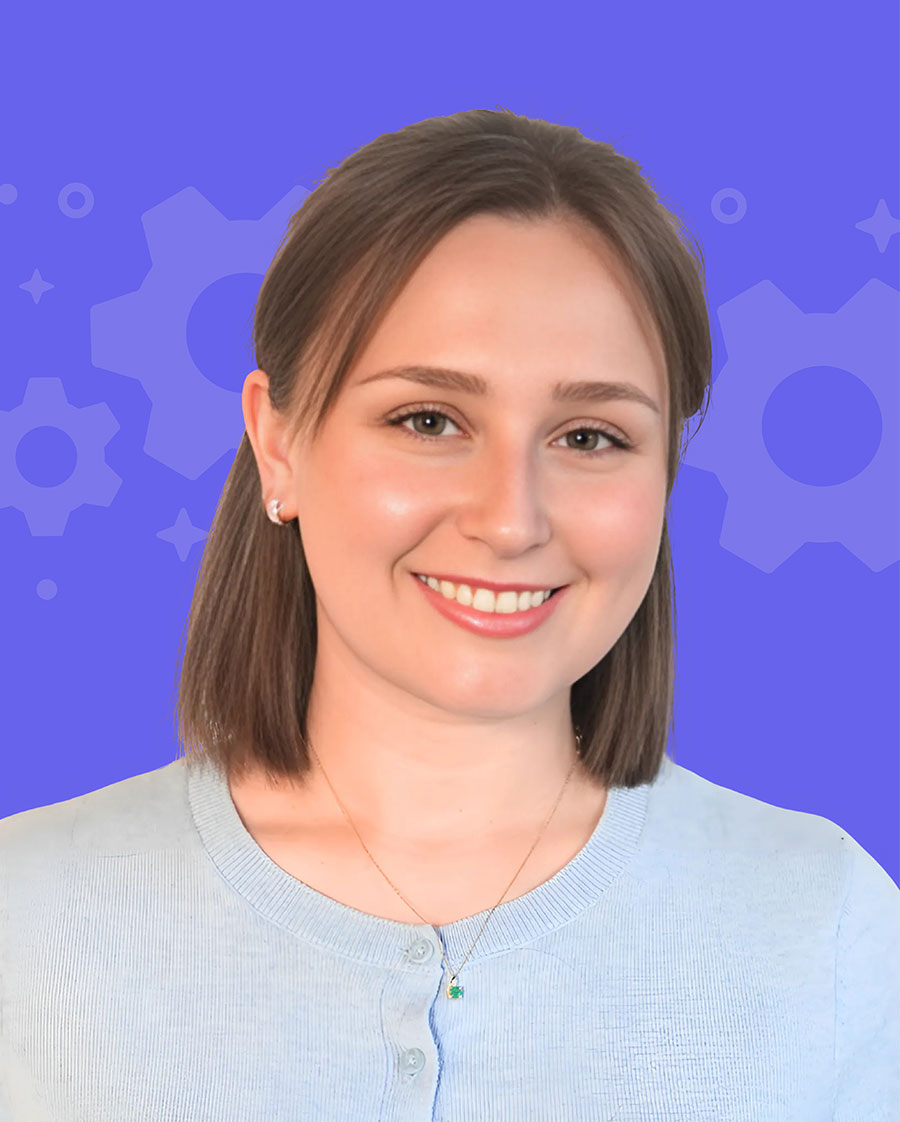 Headshot of team member on colorful background.