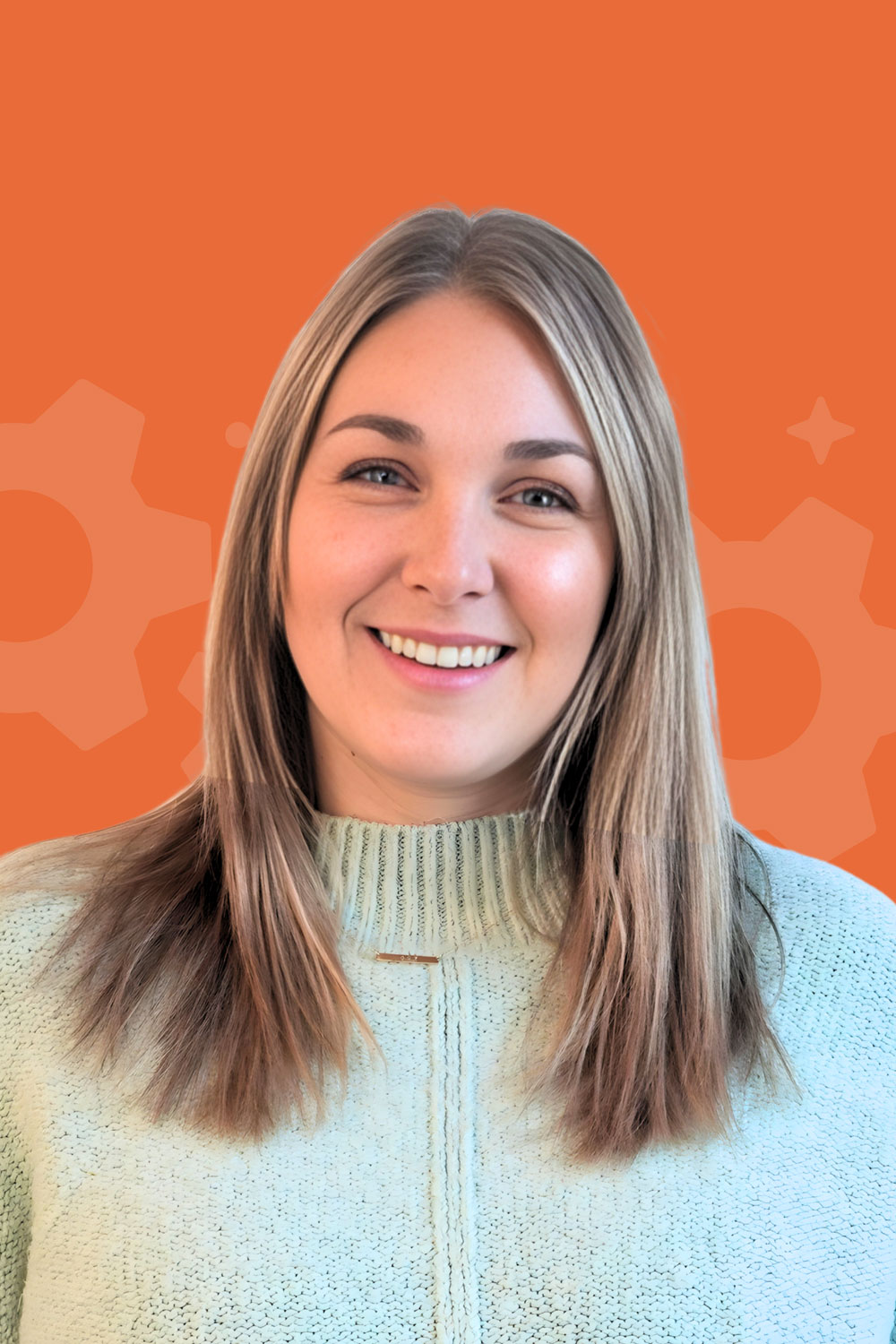 Headshot of team member on colorful background.