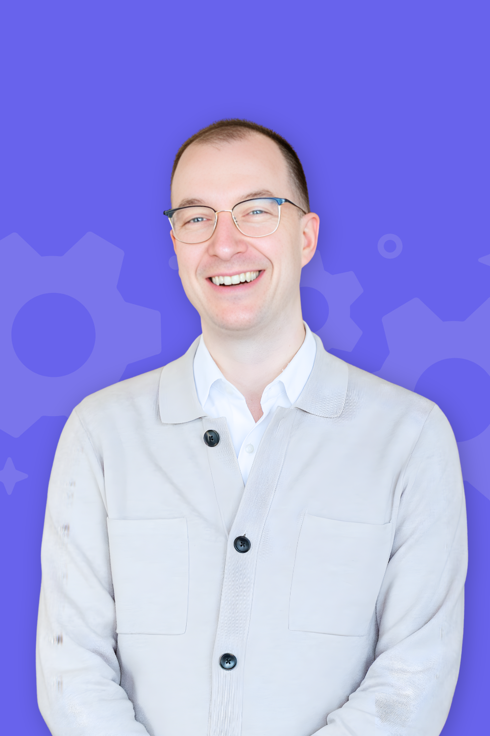 Headshot of team member on colorful background.