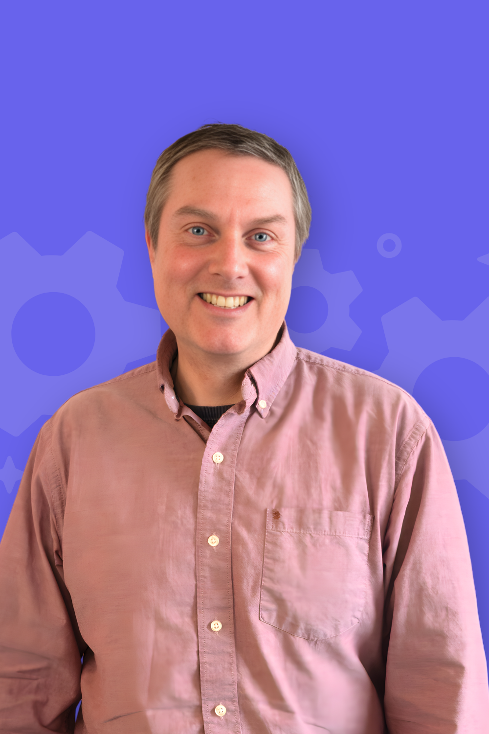 Headshot of team member on colorful background.