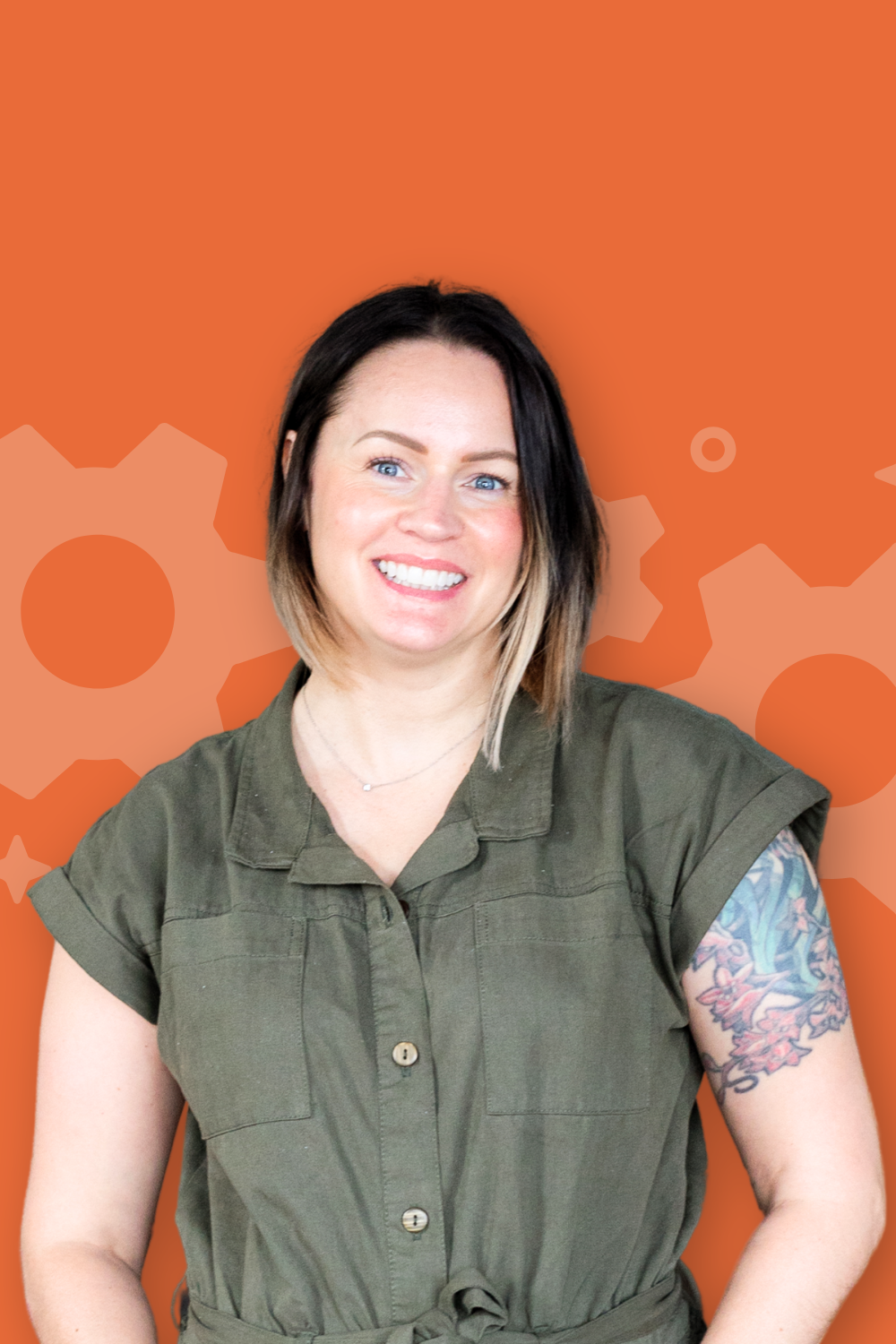 Headshot of team member on colorful background.