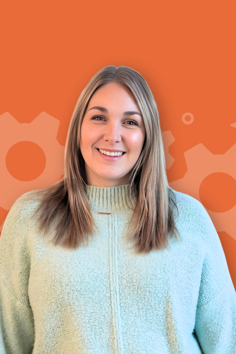 Headshot of team member on colorful background.