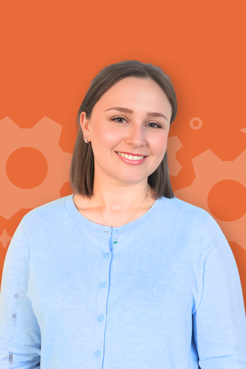 Headshot of team member on colorful background.