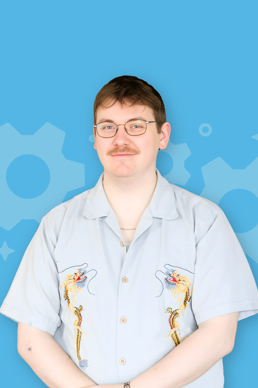 Headshot of team member on colorful background.