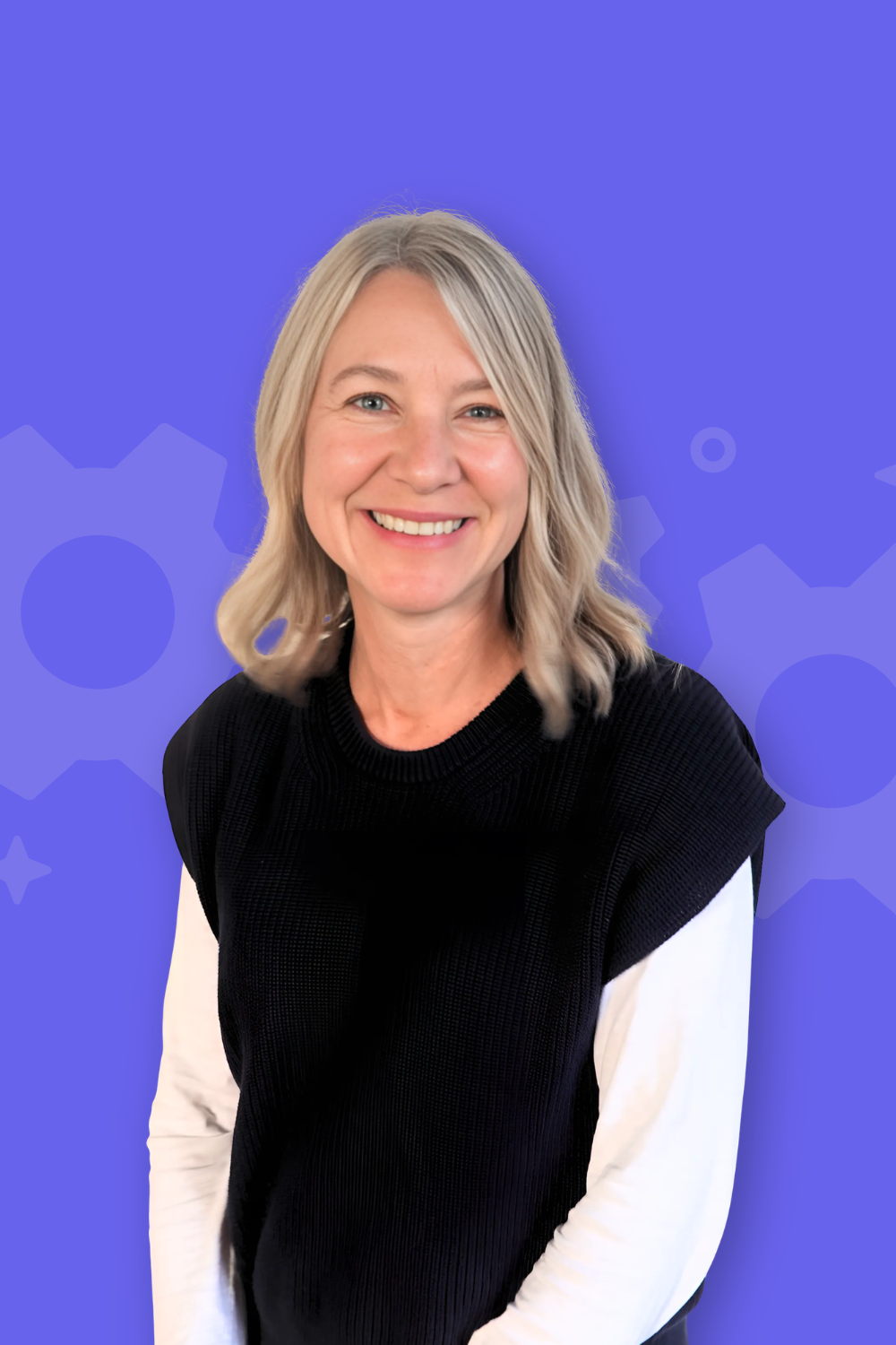 Headshot of team member on colorful background.