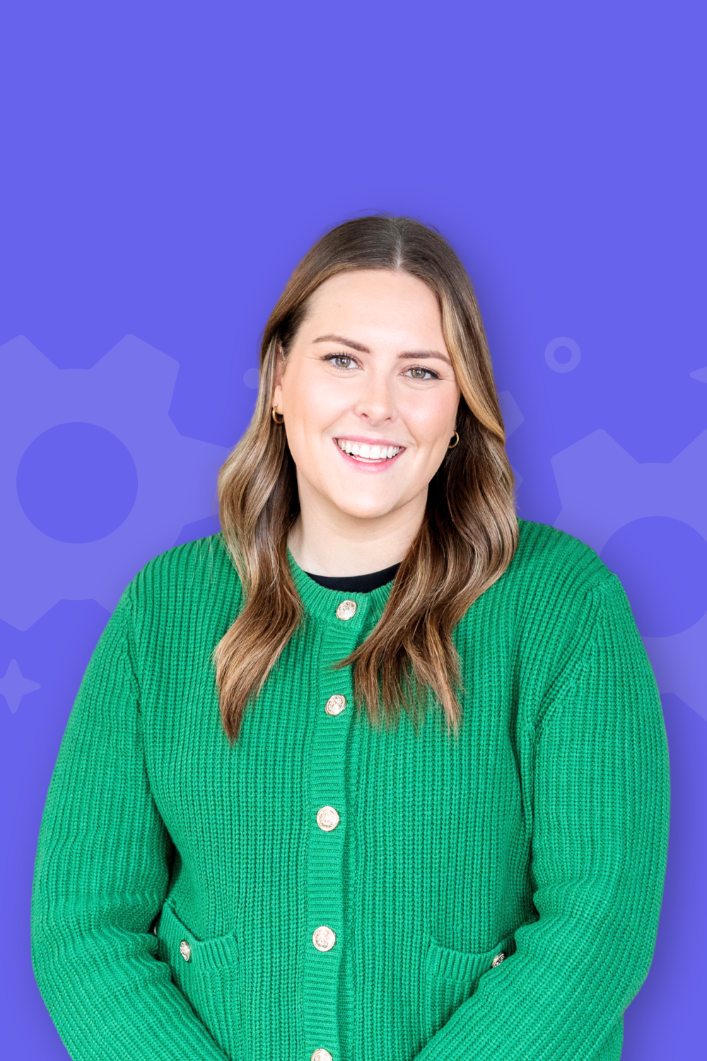 Headshot of team member on colorful background.