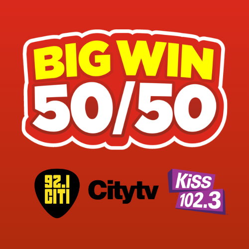 Big Win 50/50 Logo coloured red, white, and yellow.